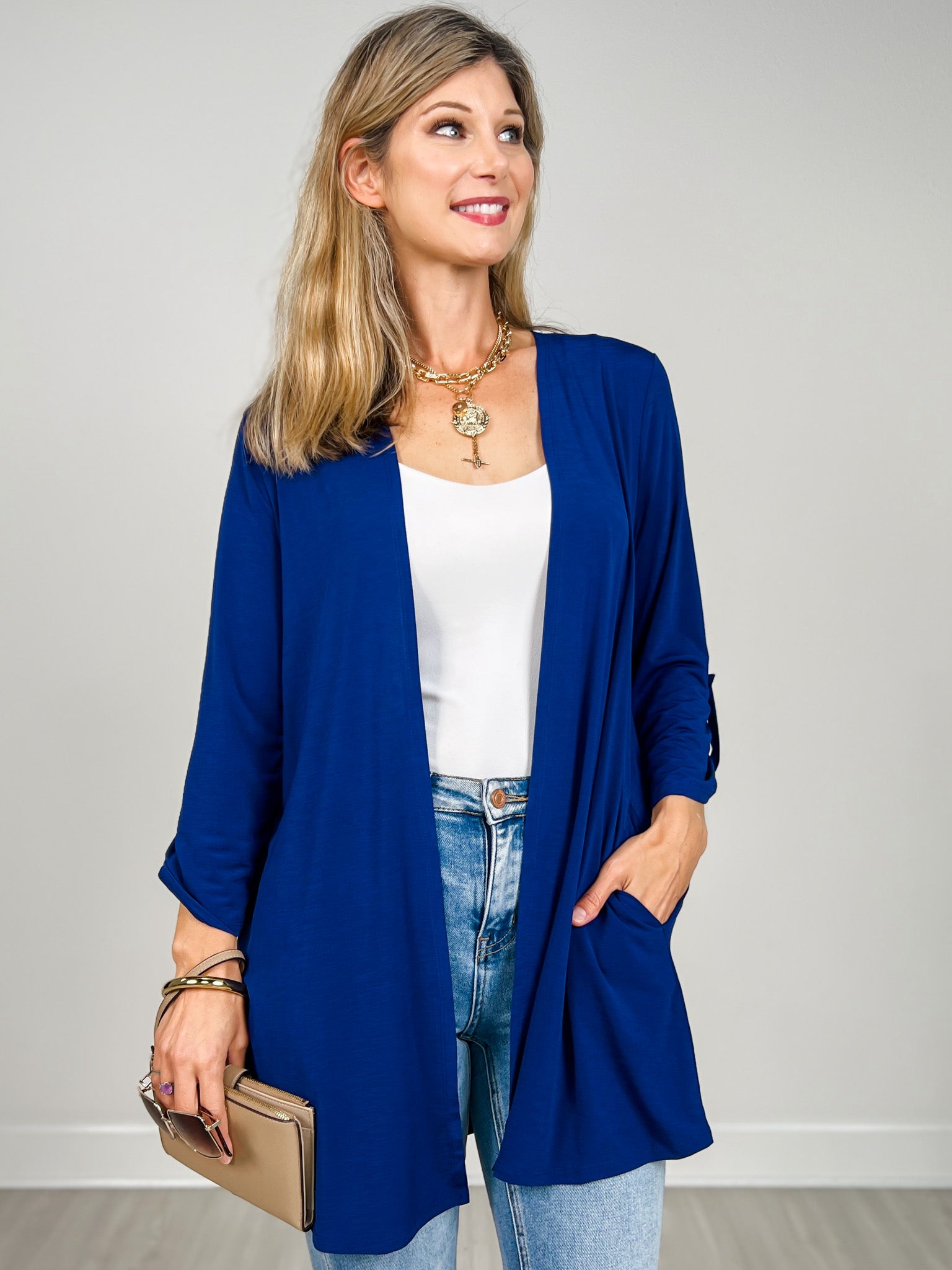 3/4 Sleeve Open Front Lightweight Cardigan in Navy