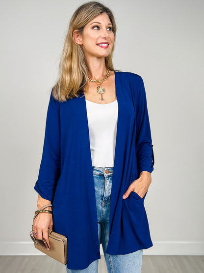 3/4 Sleeve Open Front Lightweight Cardigan in Navy