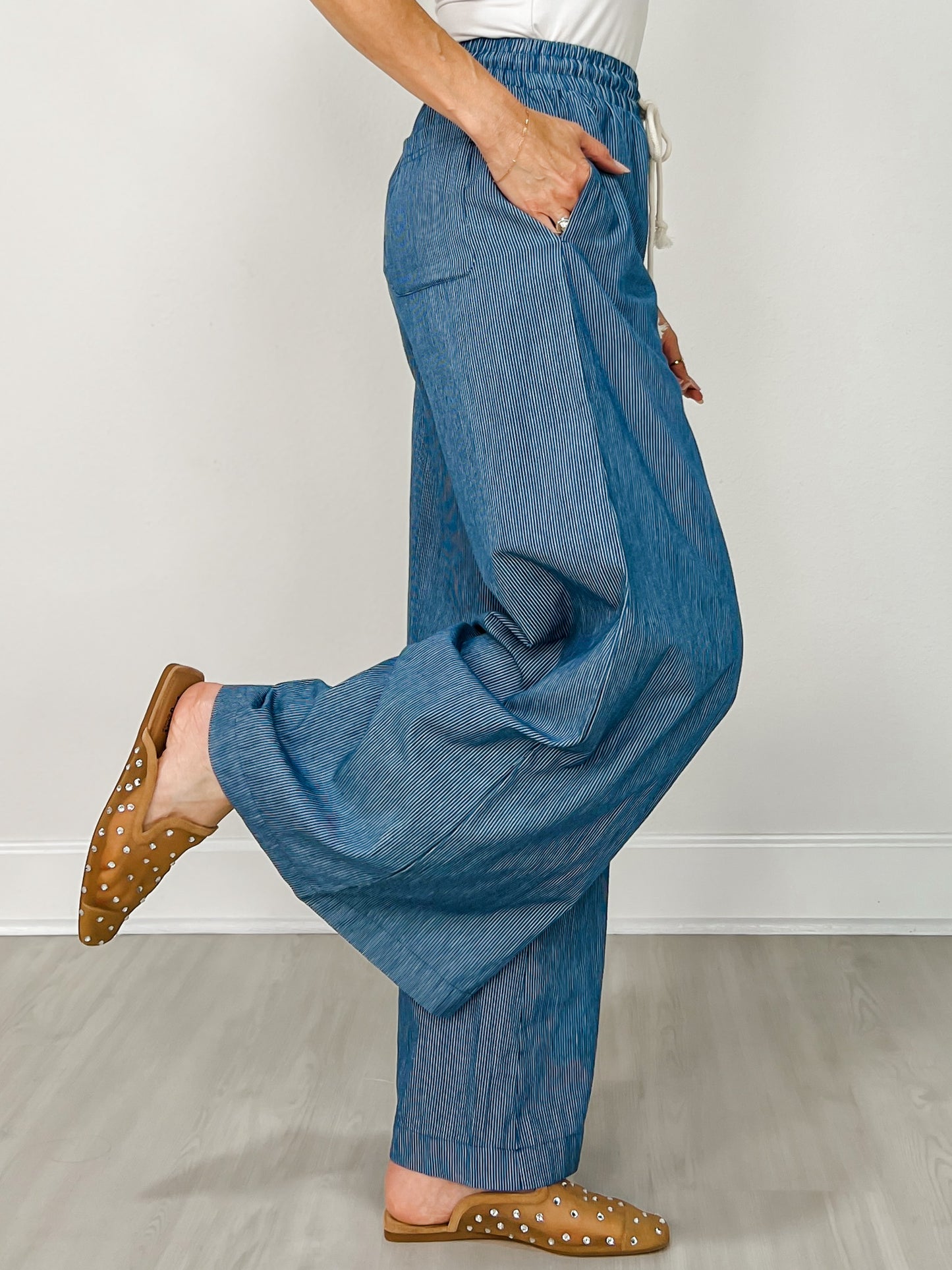Washed Pinstriped Tie Waist Wide Leg Pants