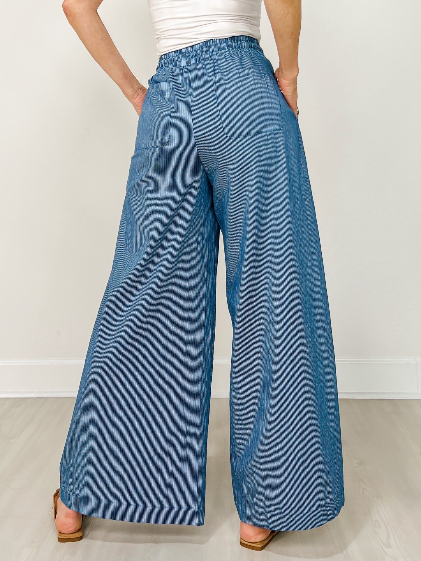 Washed Pinstriped Tie Waist Wide Leg Pants