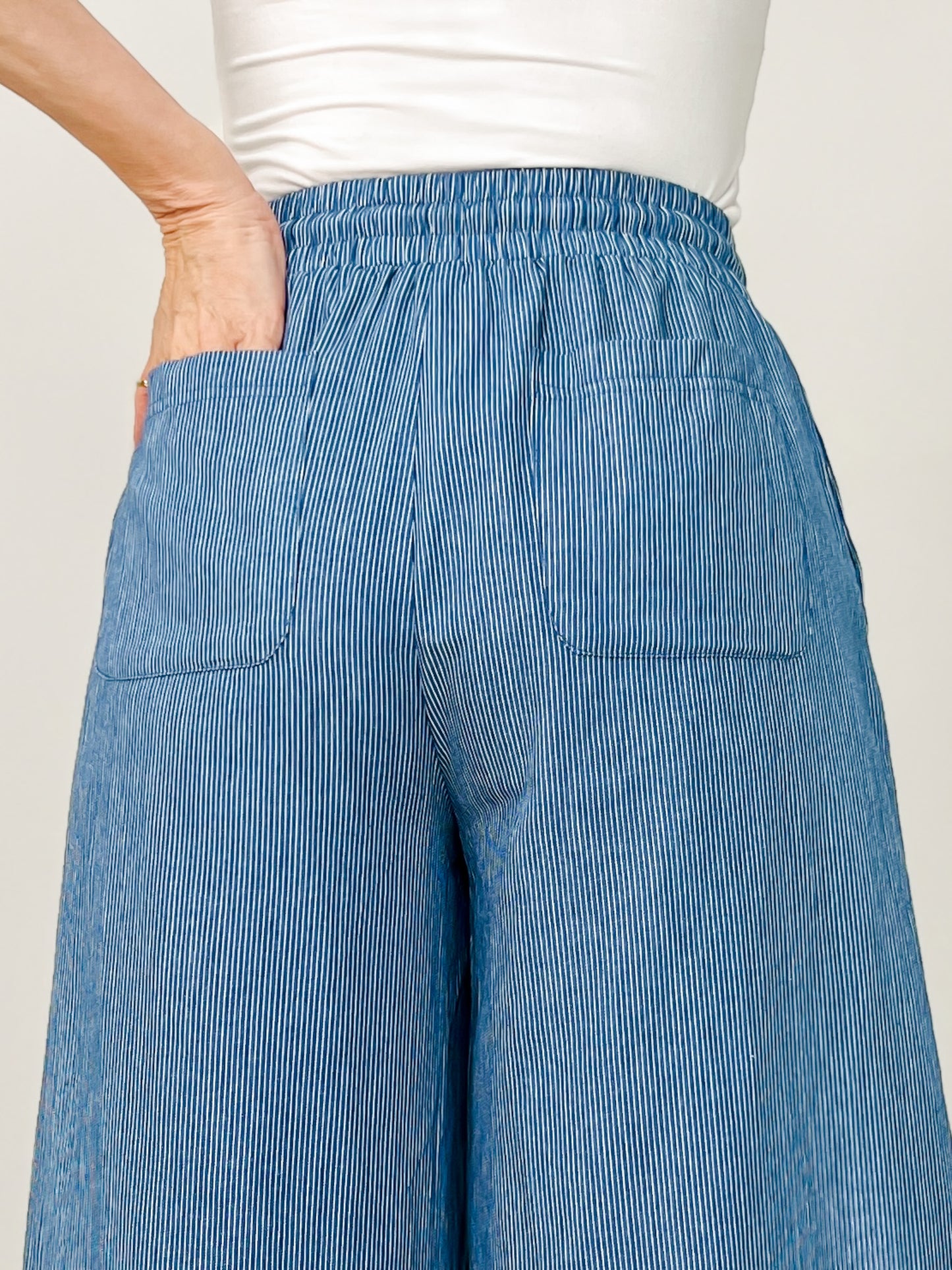 Washed Pinstriped Tie Waist Wide Leg Pants