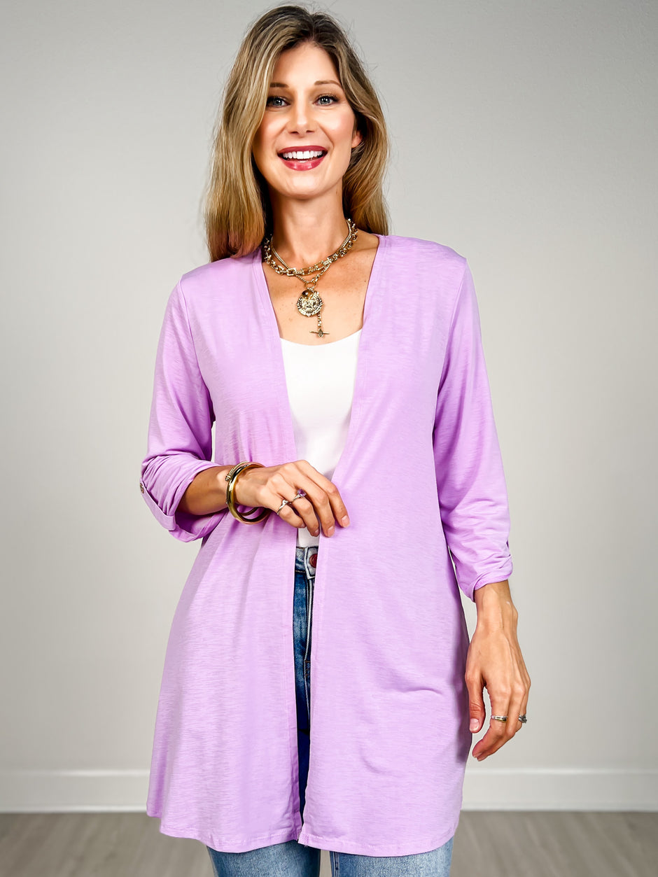 3/4 Sleeve Open Front Lightweight Cardigan in Orchid Bloom