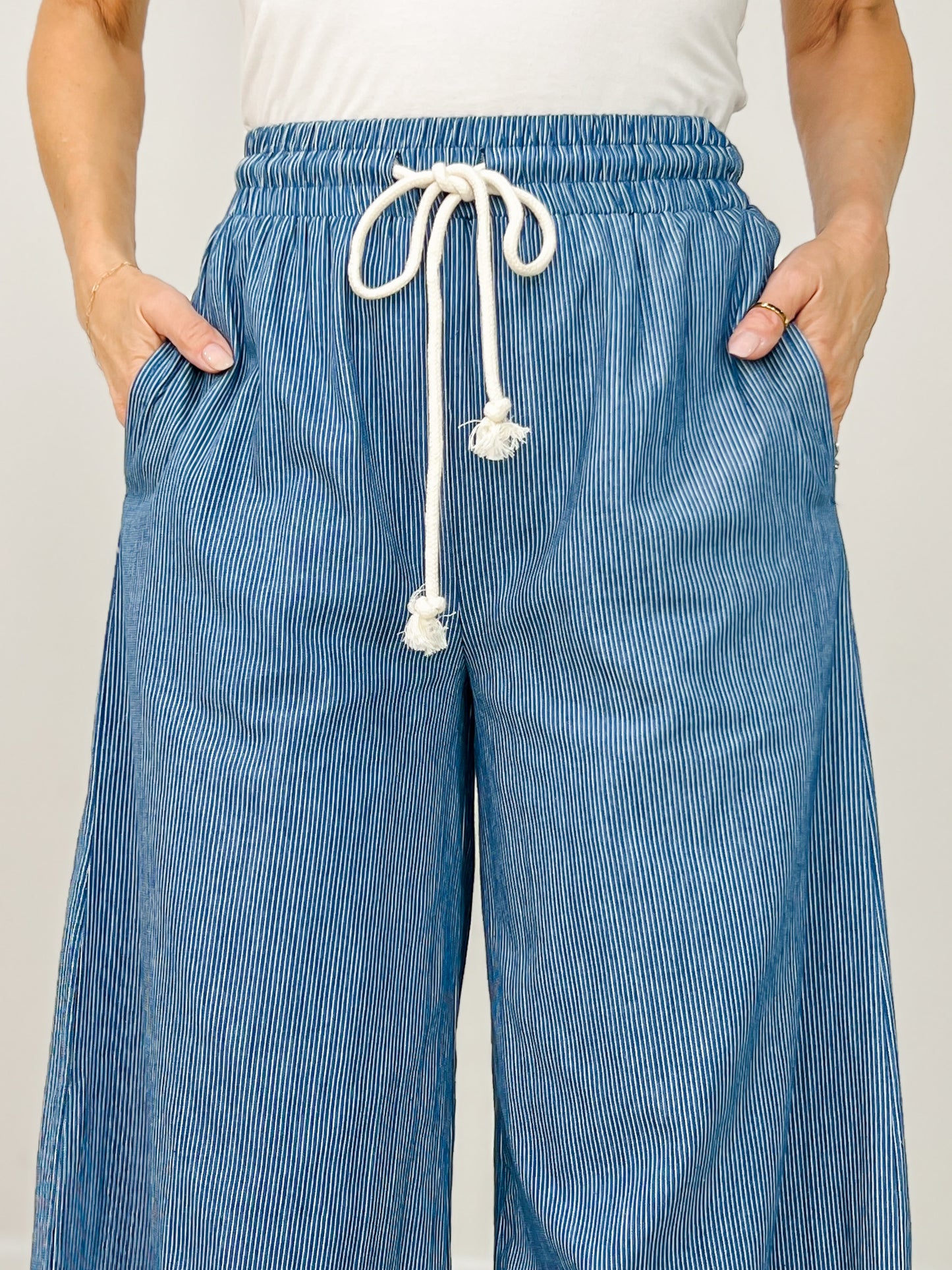 Washed Pinstriped Tie Waist Wide Leg Pants