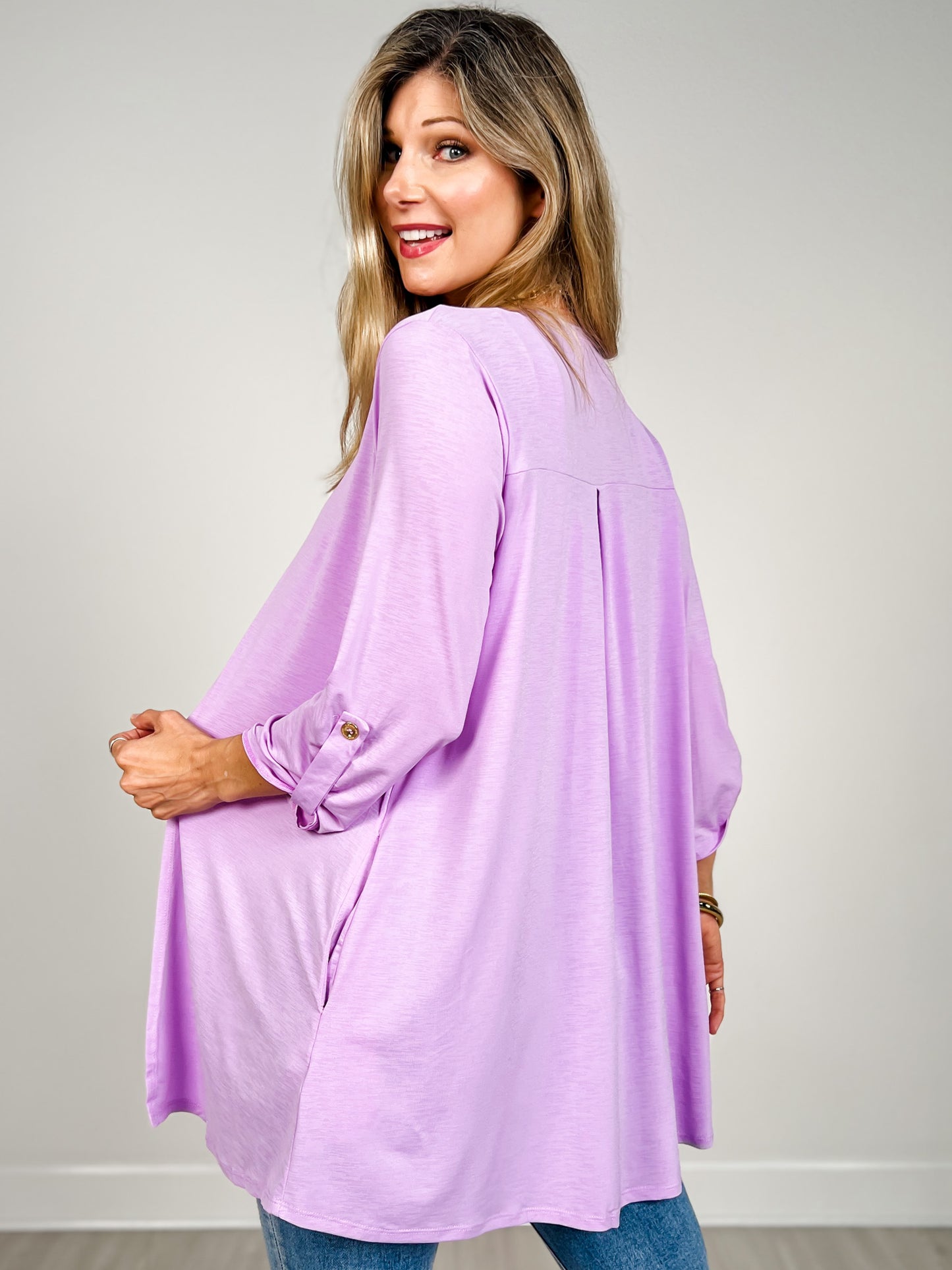 3/4 Sleeve Open Front Lightweight Cardigan in Orchid Bloom