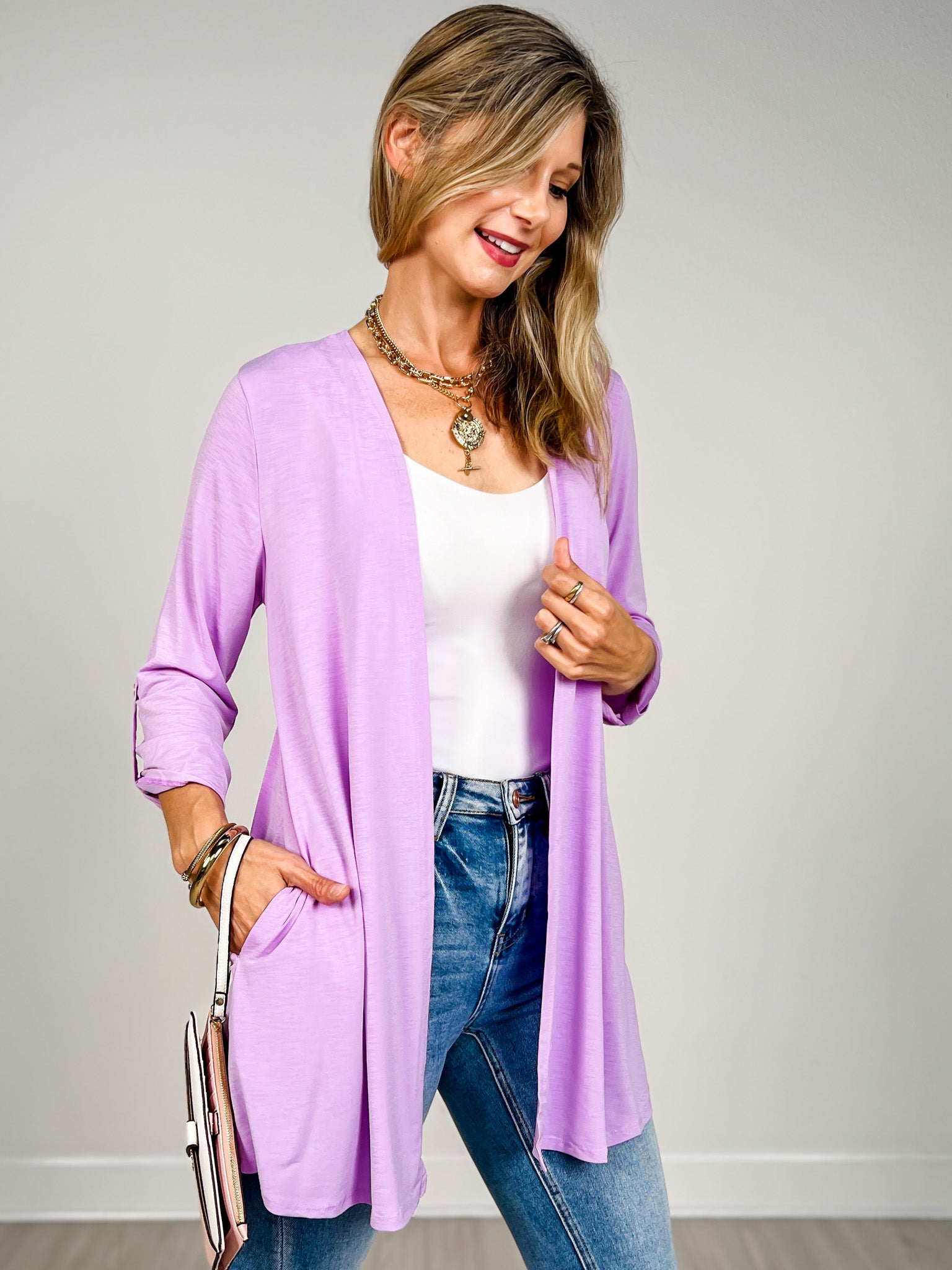 3/4 Sleeve Open Front Lightweight Cardigan in Orchid Bloom