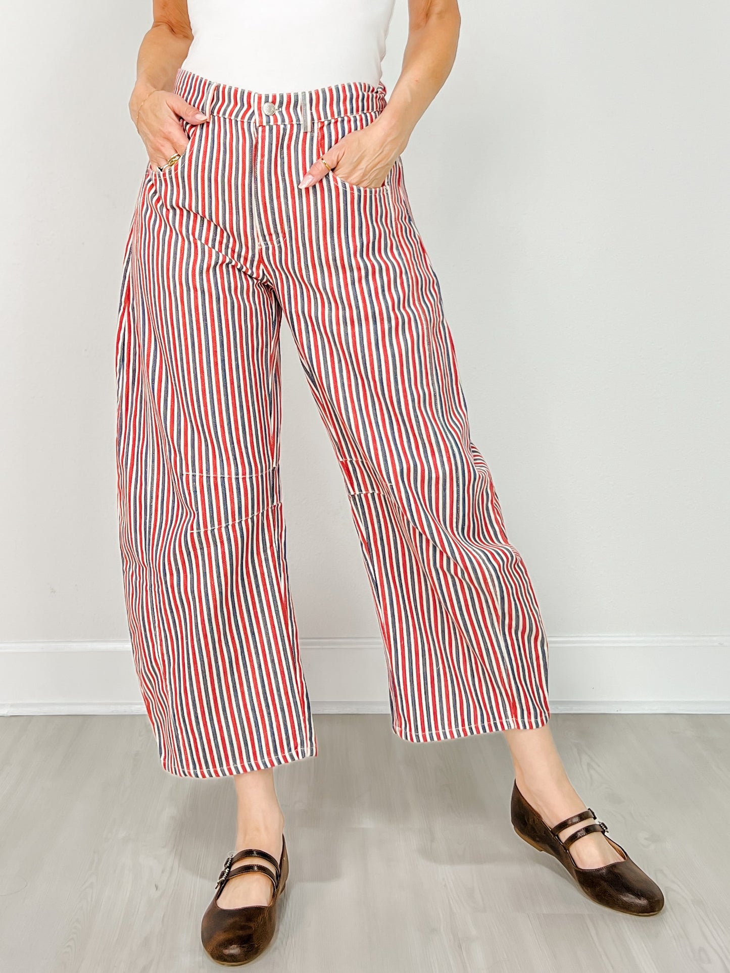 Mineral Wash Striped Barrel Leg Jeans