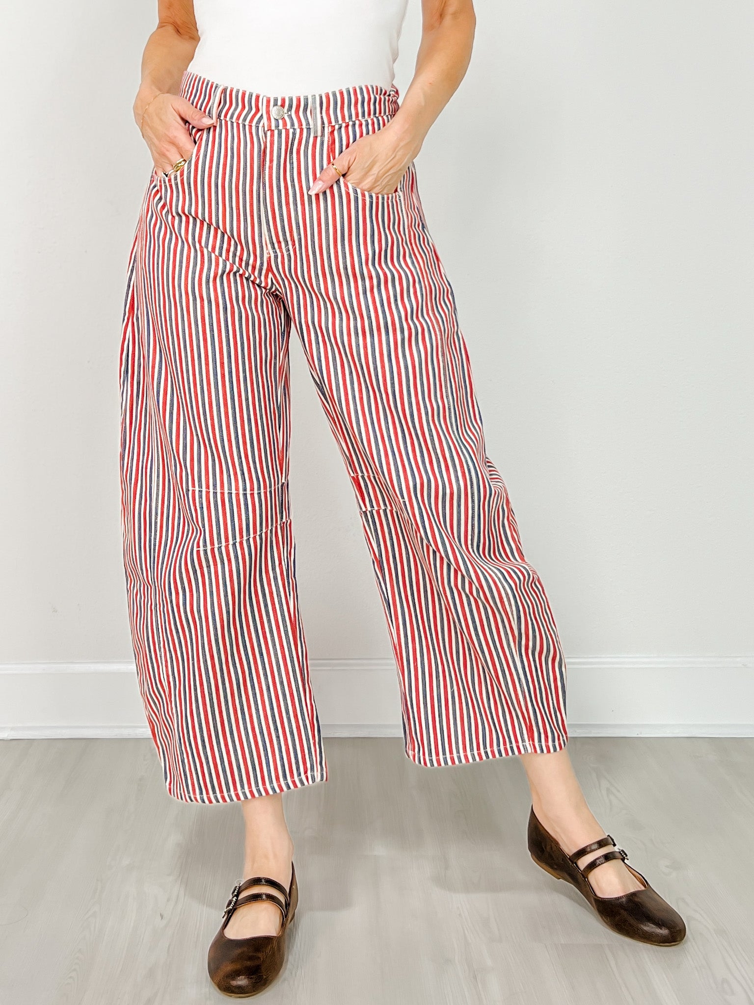 Mineral Wash Striped Barrel Leg Jeans