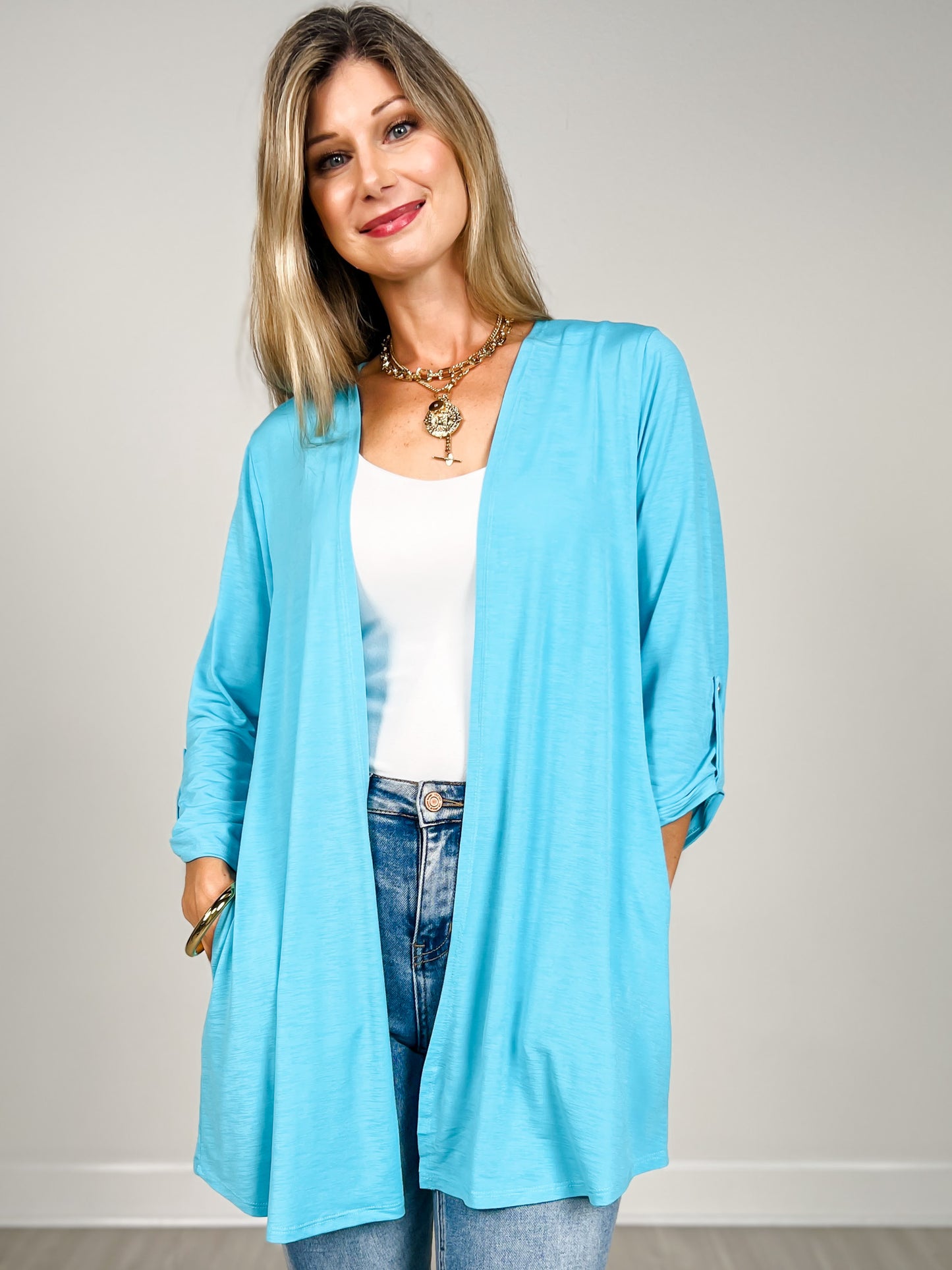 3/4 Sleeve Open Front Lightweight Cardigan in Coastal Blue