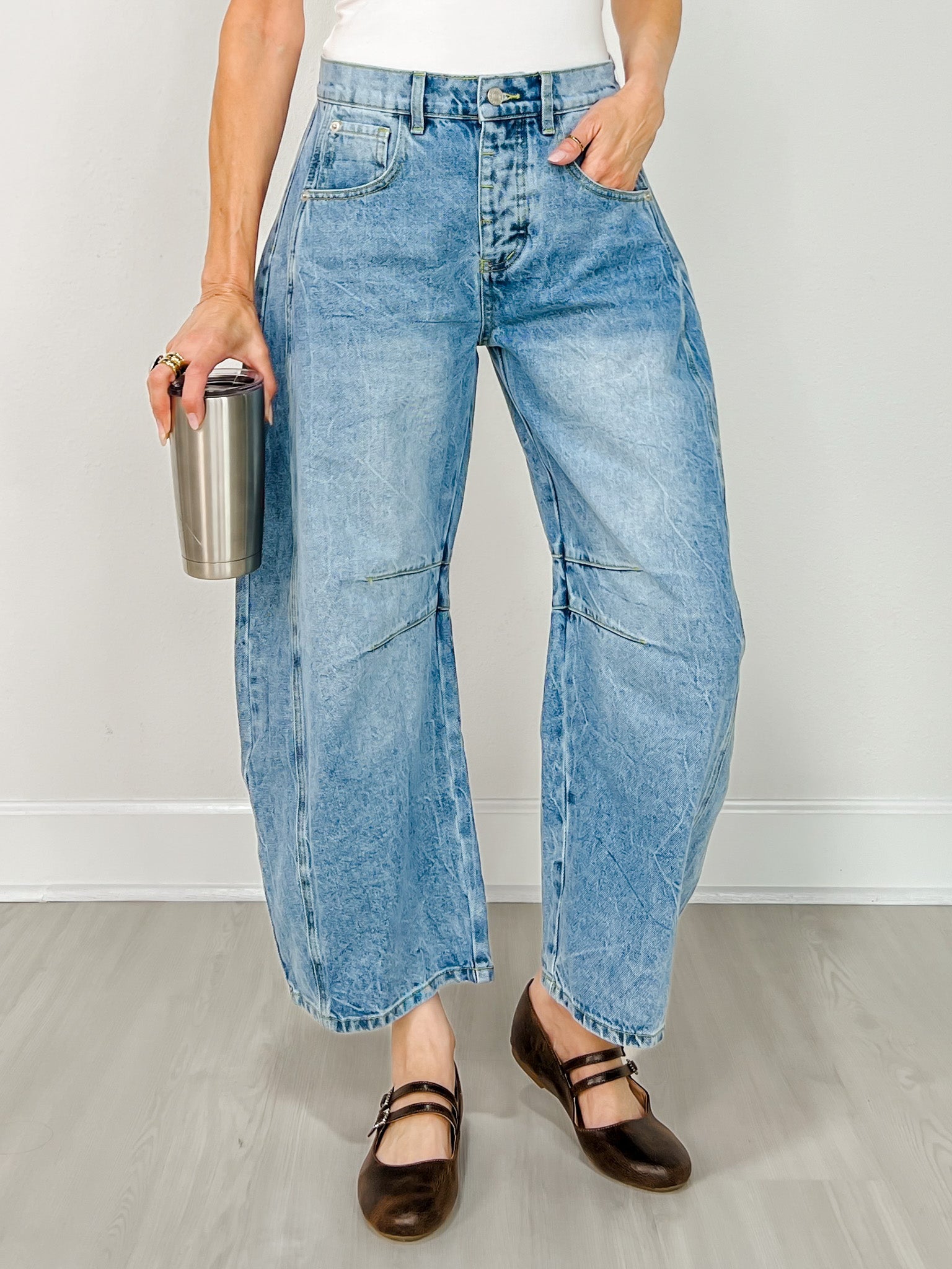 Football Patch Back Pockets Barrel Jeans