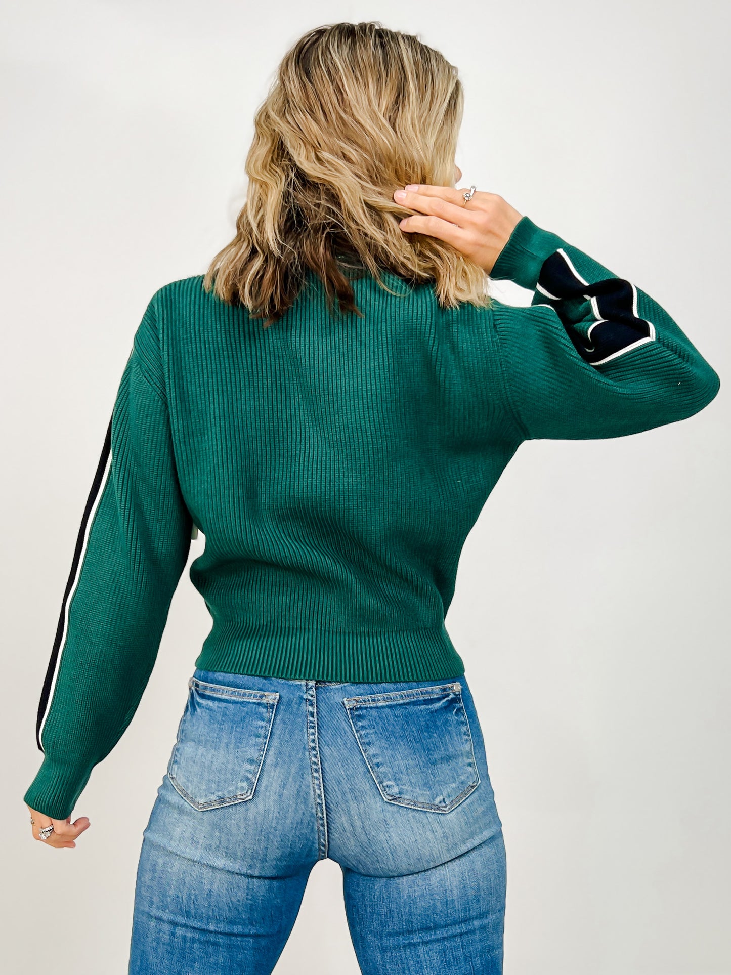 Long Sleeve Solid Knit Sweater with Striped Sleeves