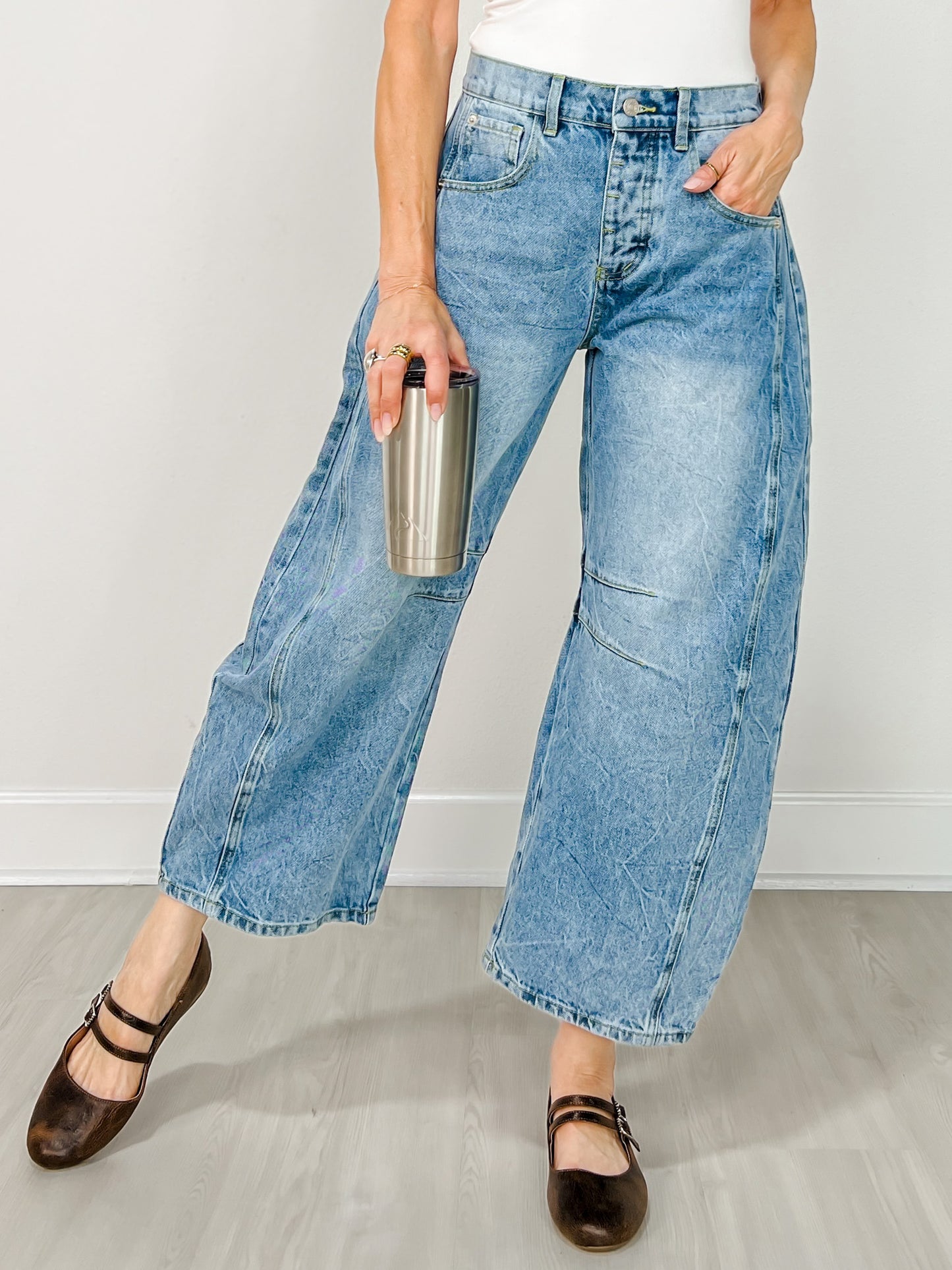 Football Patch Back Pockets Barrel Jeans