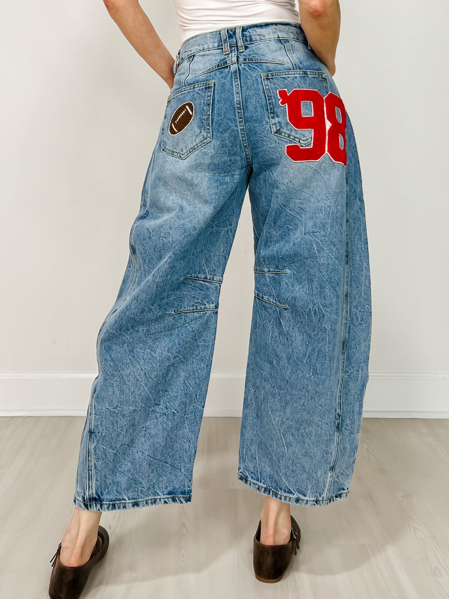 Football Patch Back Pockets Barrel Jeans