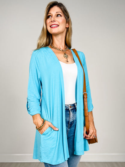3/4 Sleeve Open Front Lightweight Cardigan in Coastal Blue