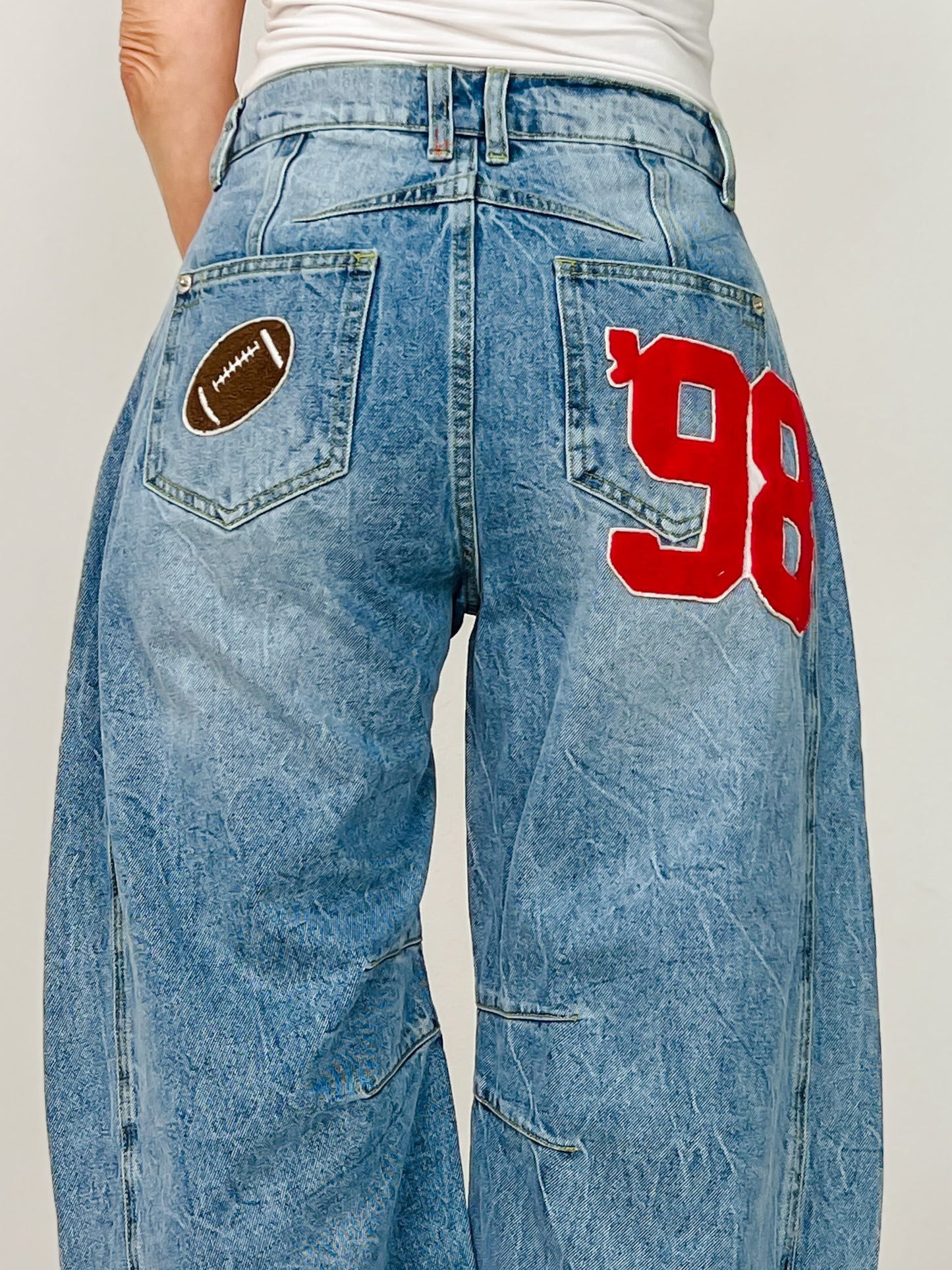 Football Patch Back Pockets Barrel Jeans