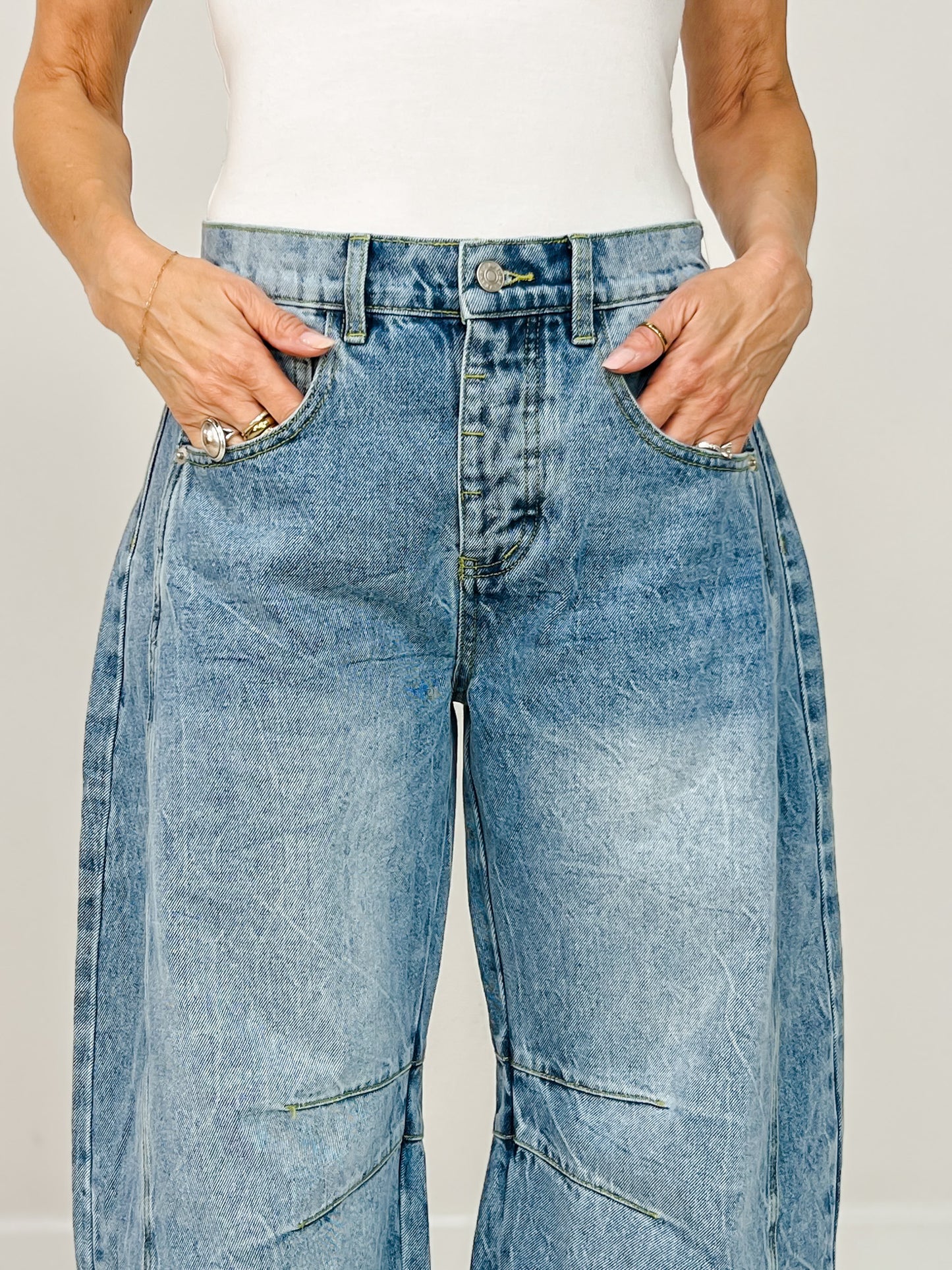 Football Patch Back Pockets Barrel Jeans
