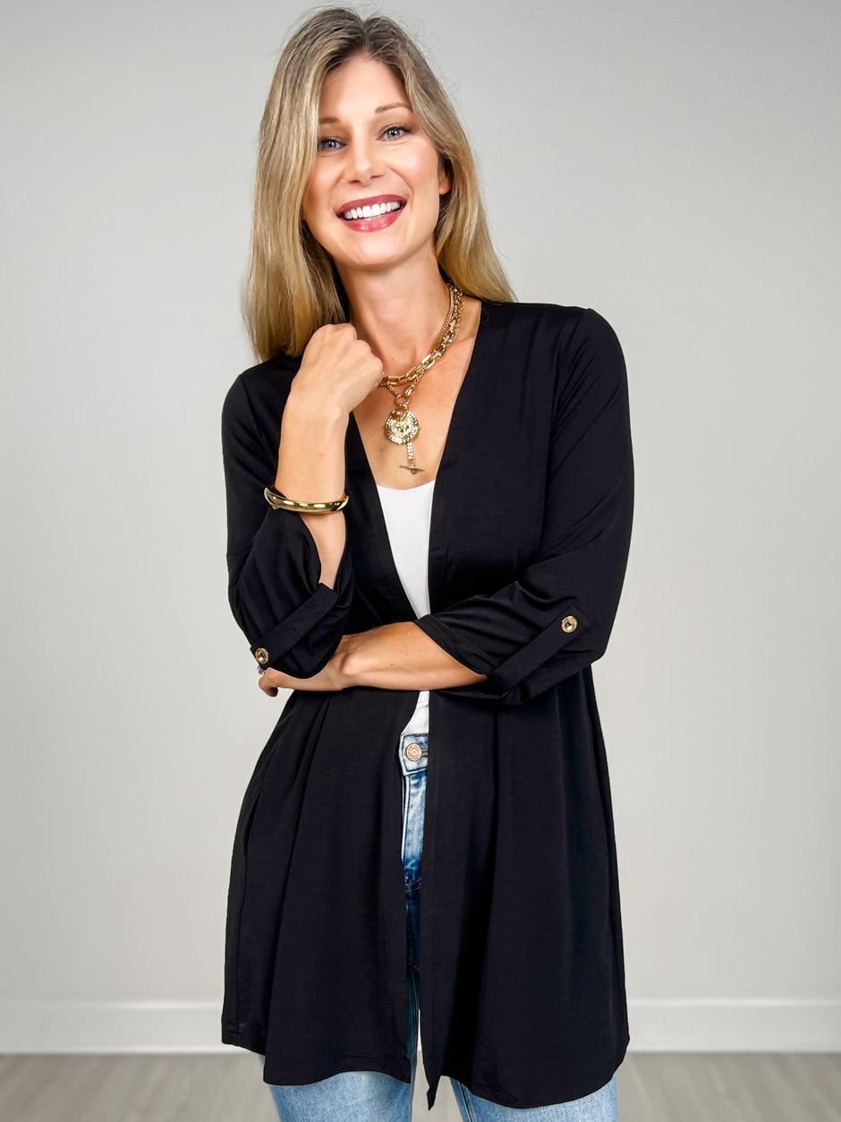 3/4 Sleeve Open Front Lightweight Cardigan in Black