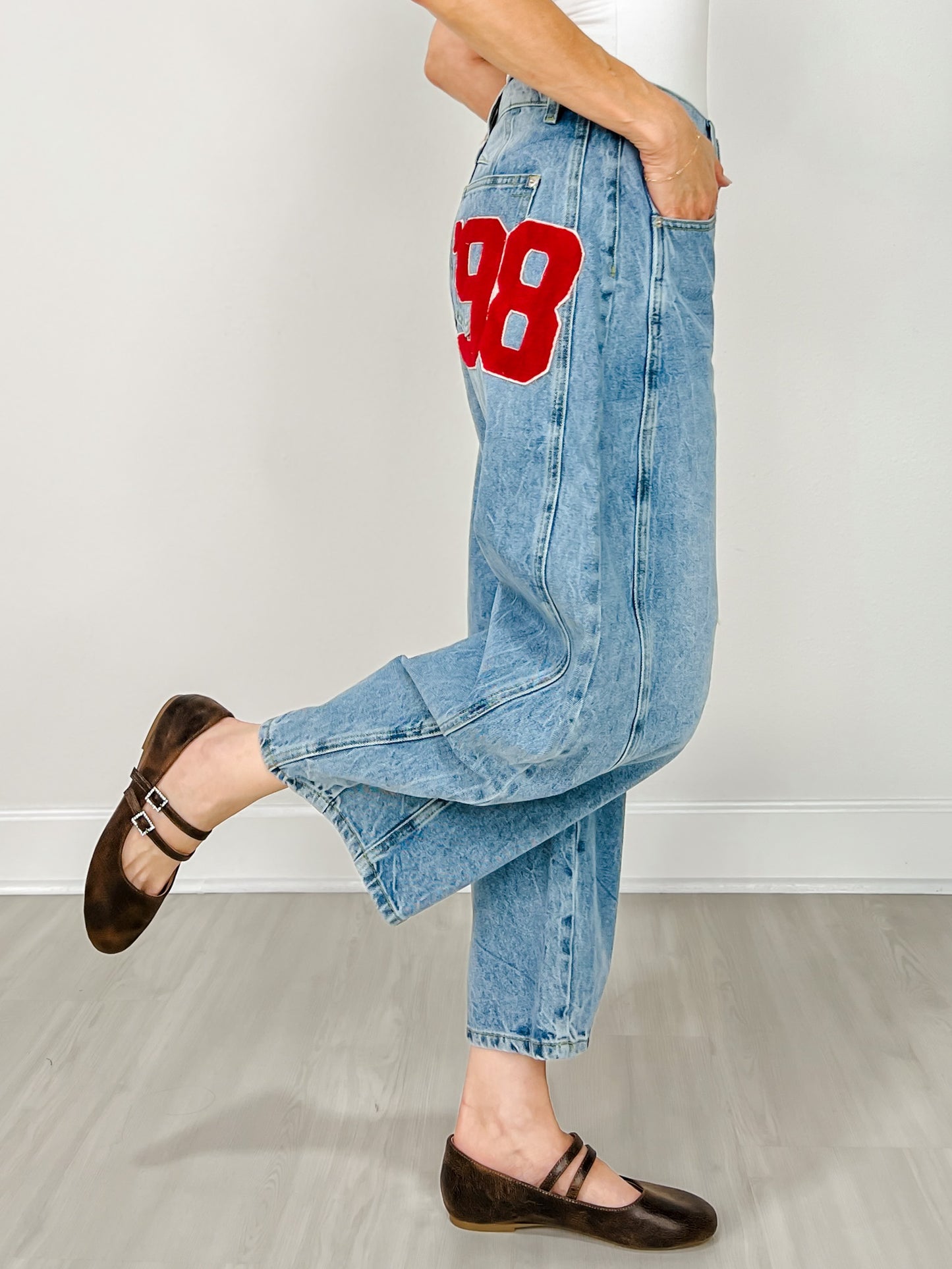Football Patch Back Pockets Barrel Jeans