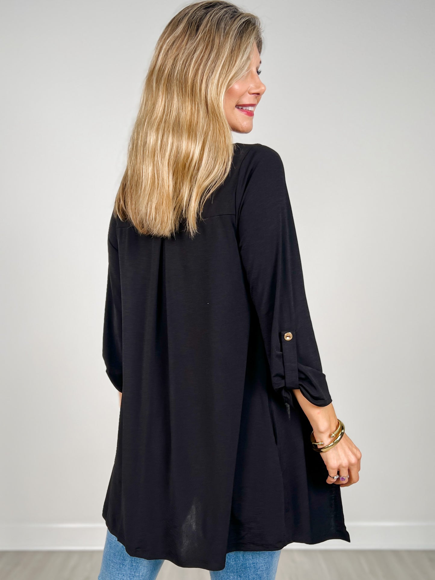 3/4 Sleeve Open Front Lightweight Cardigan in Black