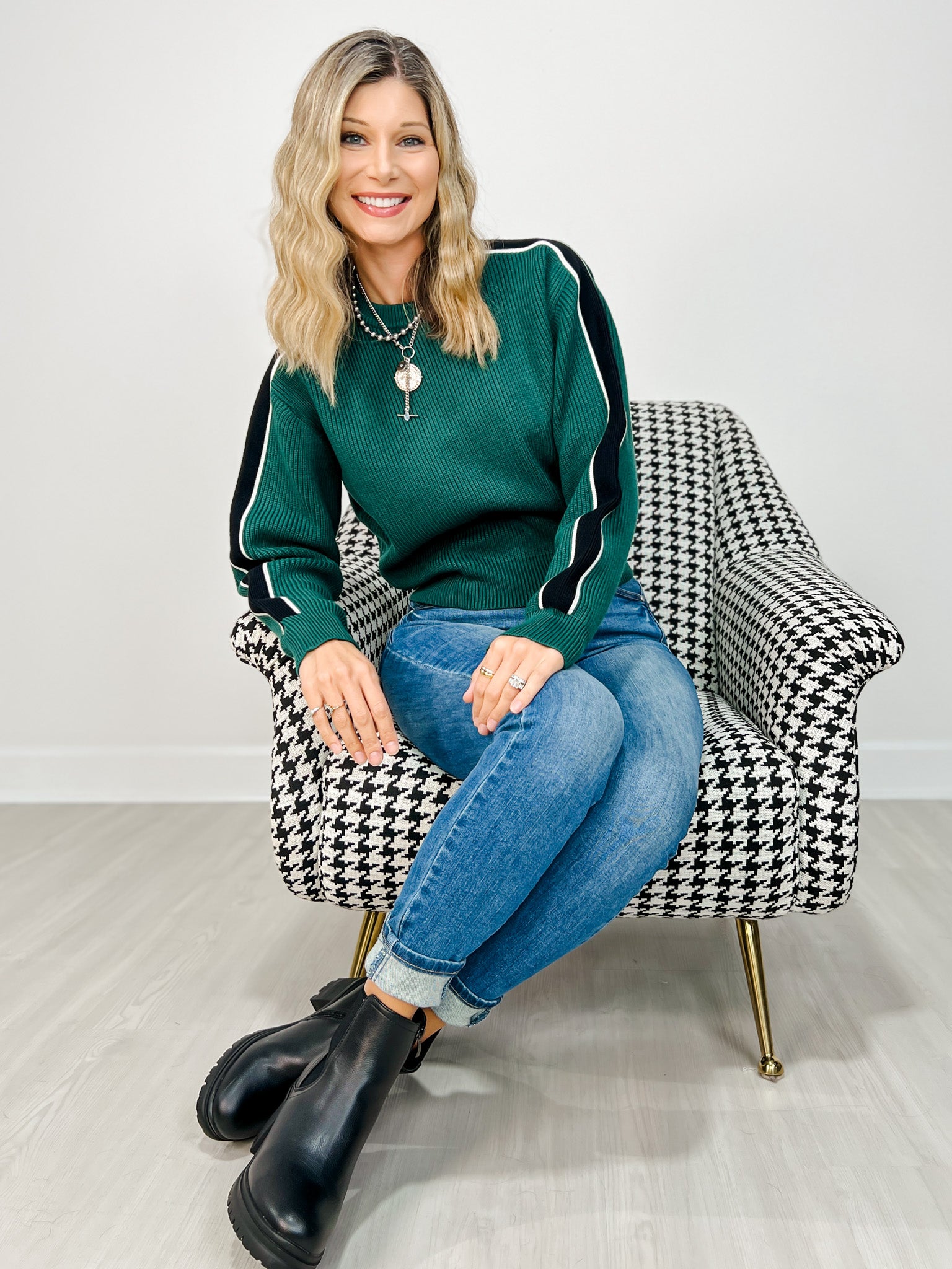Long Sleeve Solid Knit Sweater with Striped Sleeves