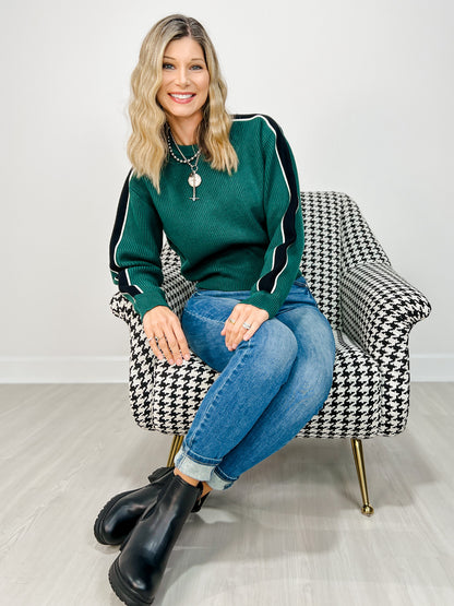 Long Sleeve Solid Knit Sweater with Striped Sleeves