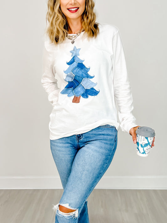 Patchwork Denim Tree Graphic Tee