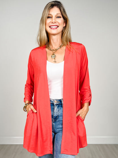 3/4 Sleeve Open Front Lightweight Cardigan in Hot Coral