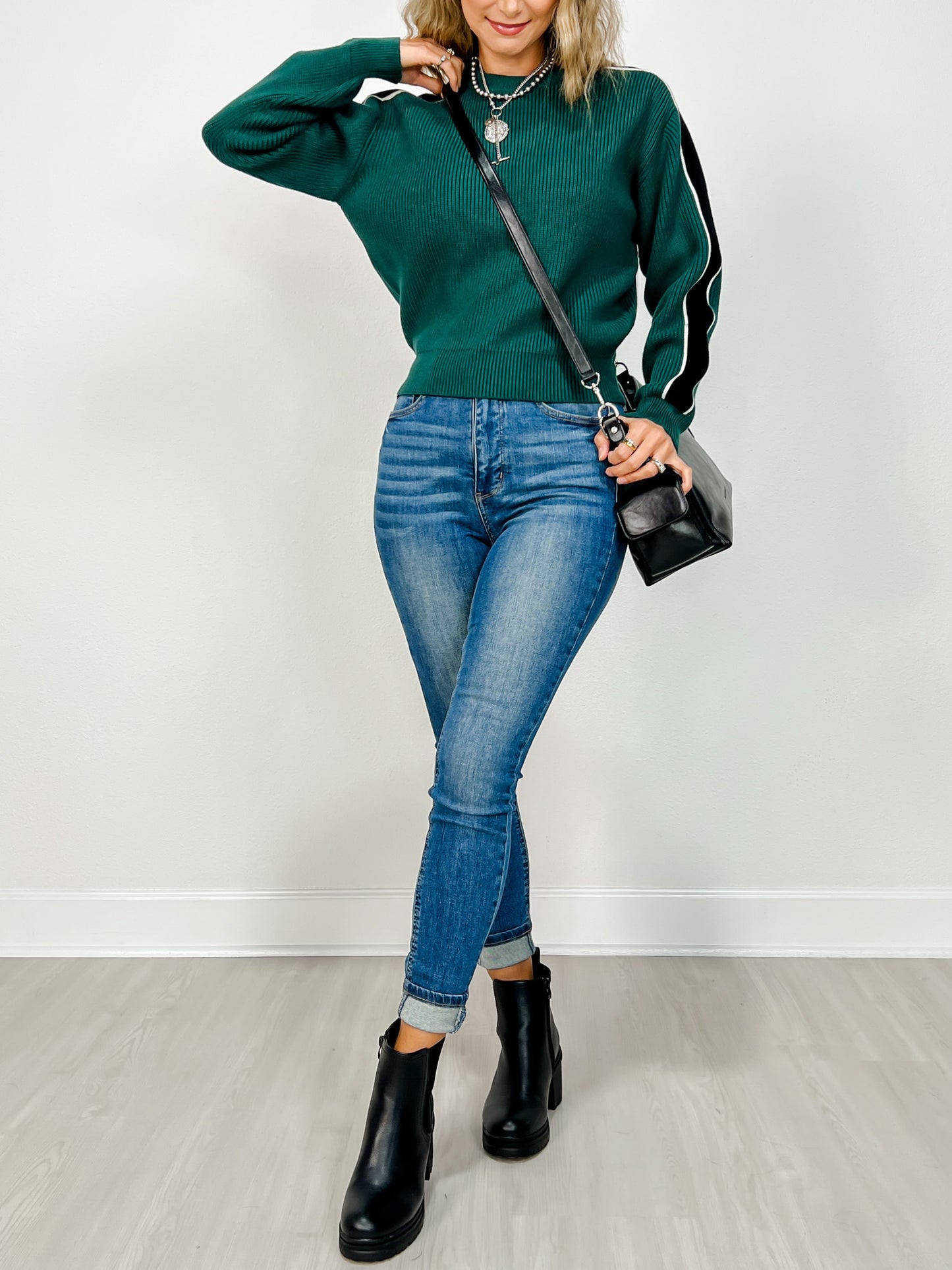 Long Sleeve Solid Knit Sweater with Striped Sleeves