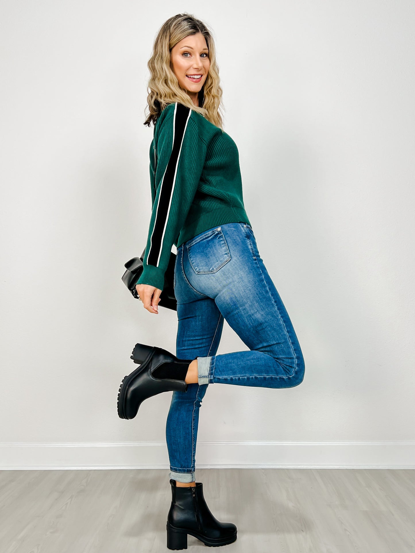 Long Sleeve Solid Knit Sweater with Striped Sleeves