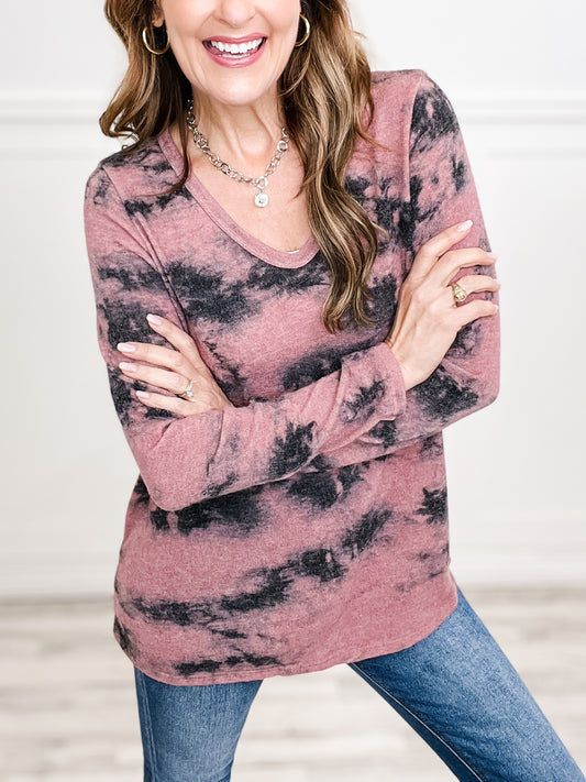 TIE DYE HAIRY SWEATER KNIT DEEP U-NECK TOP