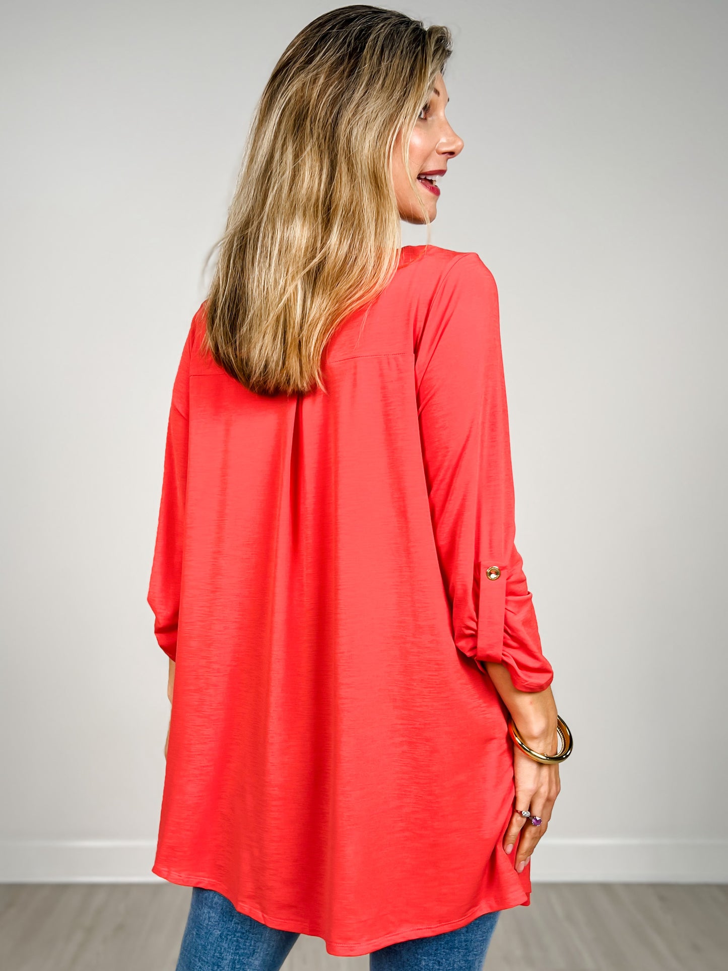 3/4 Sleeve Open Front Lightweight Cardigan in Hot Coral