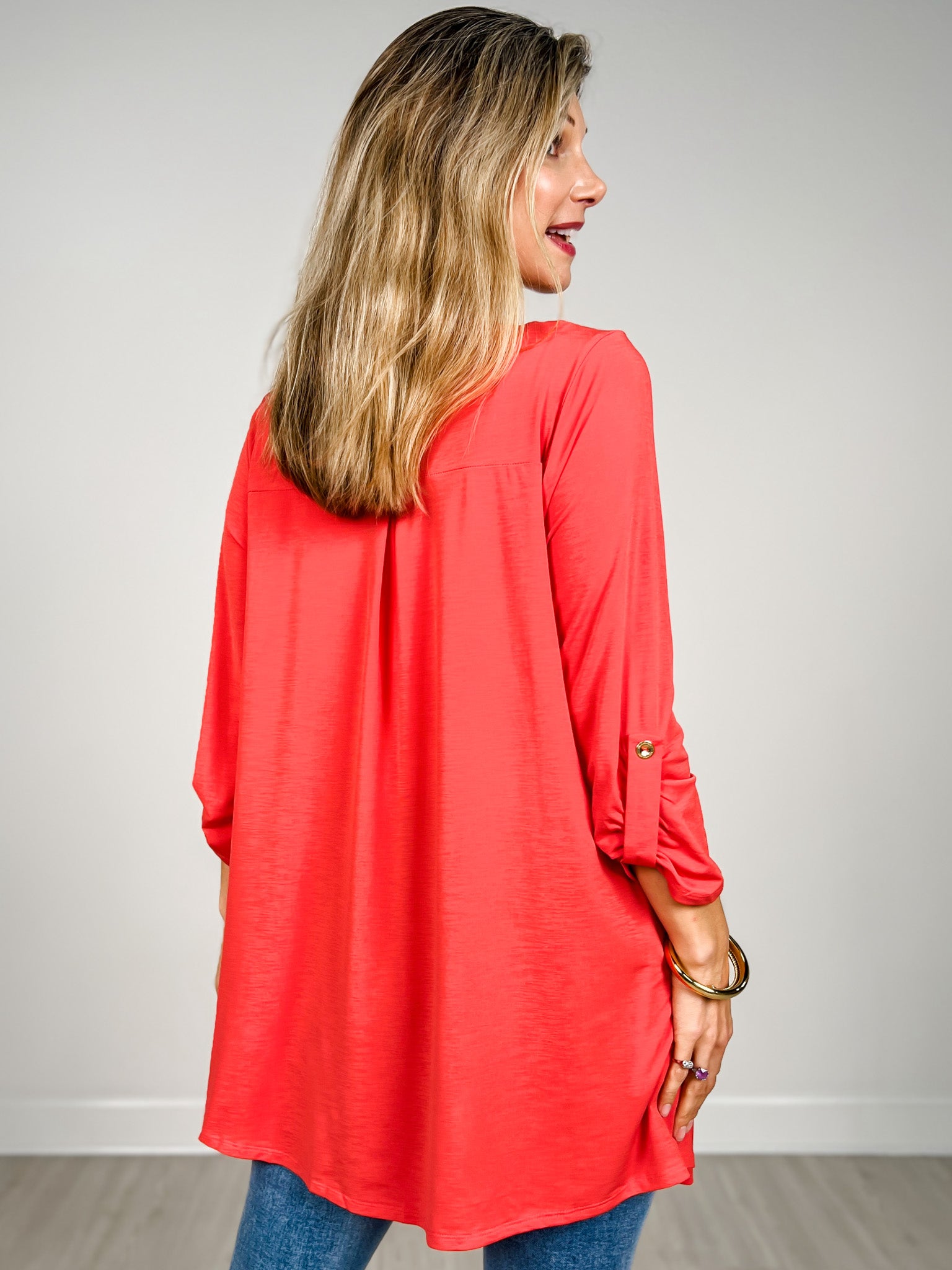 3/4 Sleeve Open Front Lightweight Cardigan in Hot Coral