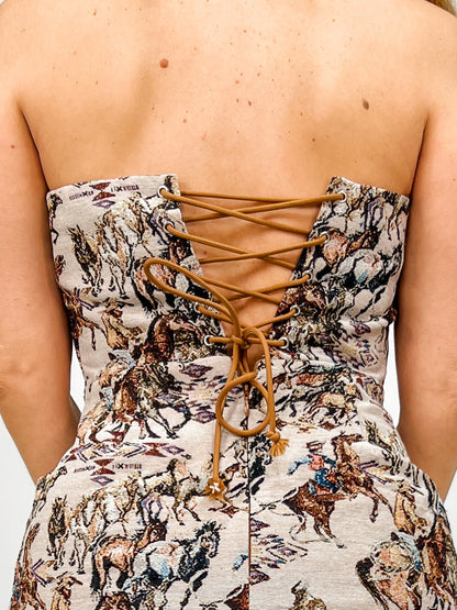 Western Tapestry Lace Up Mini Tube Dress