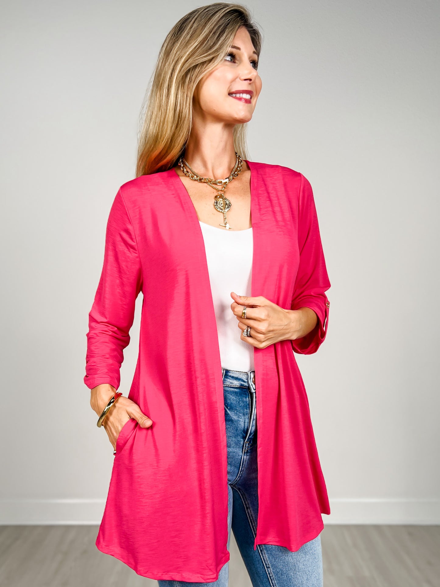 3/4 Sleeve Open Front Lightweight Cardigan in Fuchsia