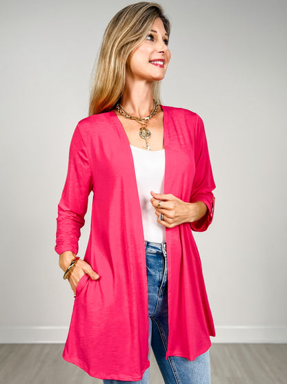 3/4 Sleeve Open Front Lightweight Cardigan in Fuchsia