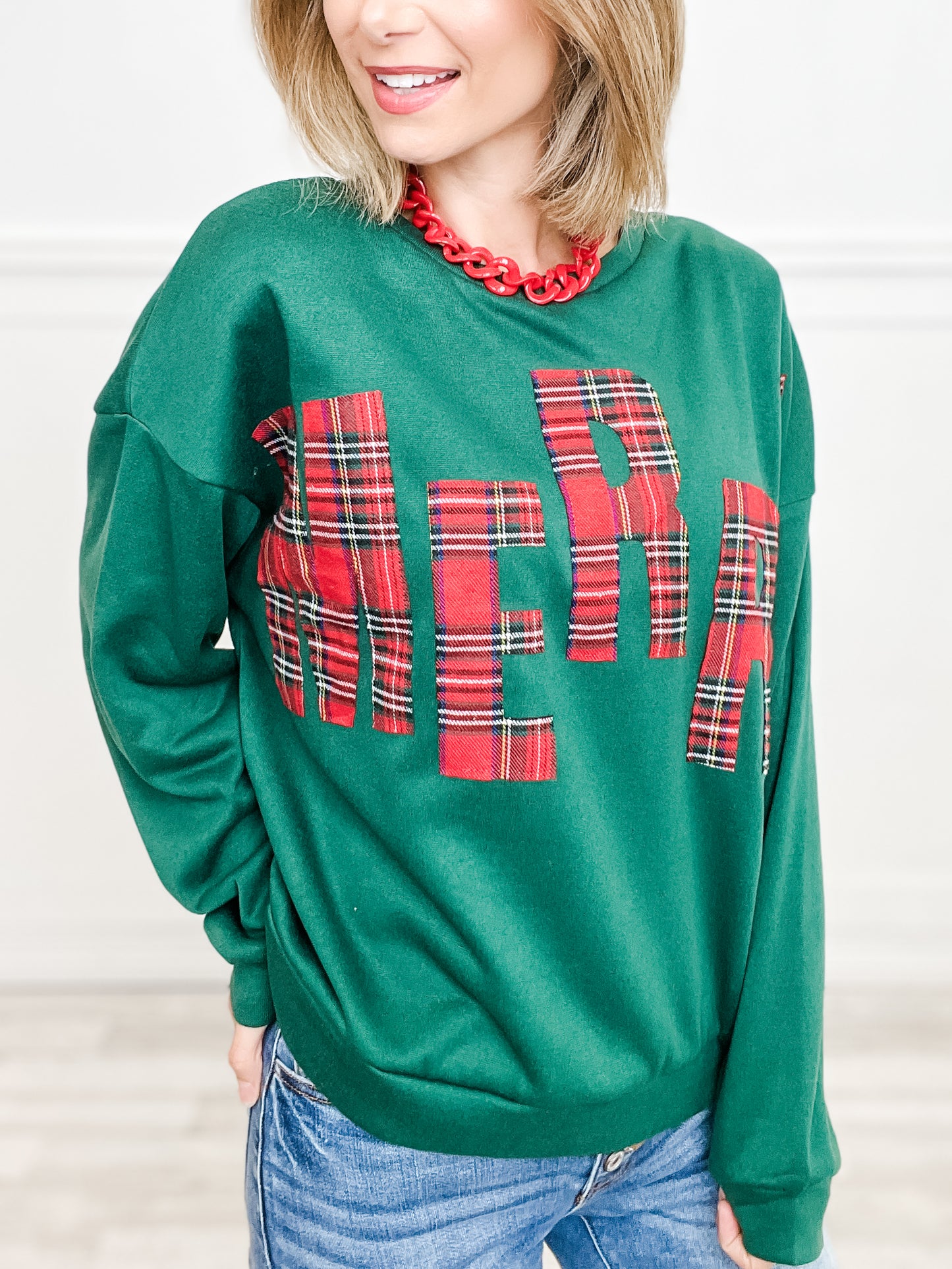 Long Sleeve Plaid Merry Lettering Fleece Top