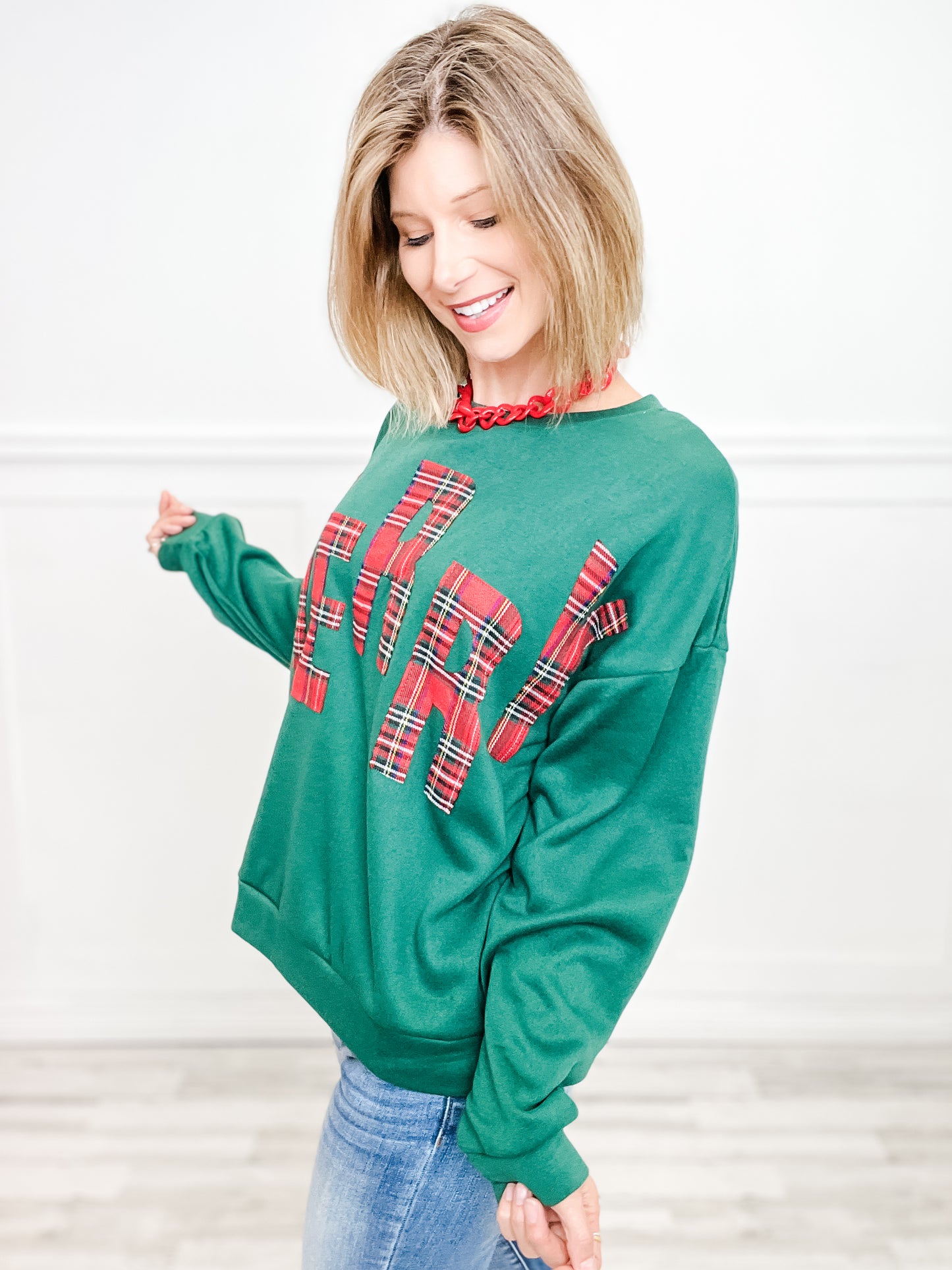 Long Sleeve Plaid Merry Lettering Fleece Top