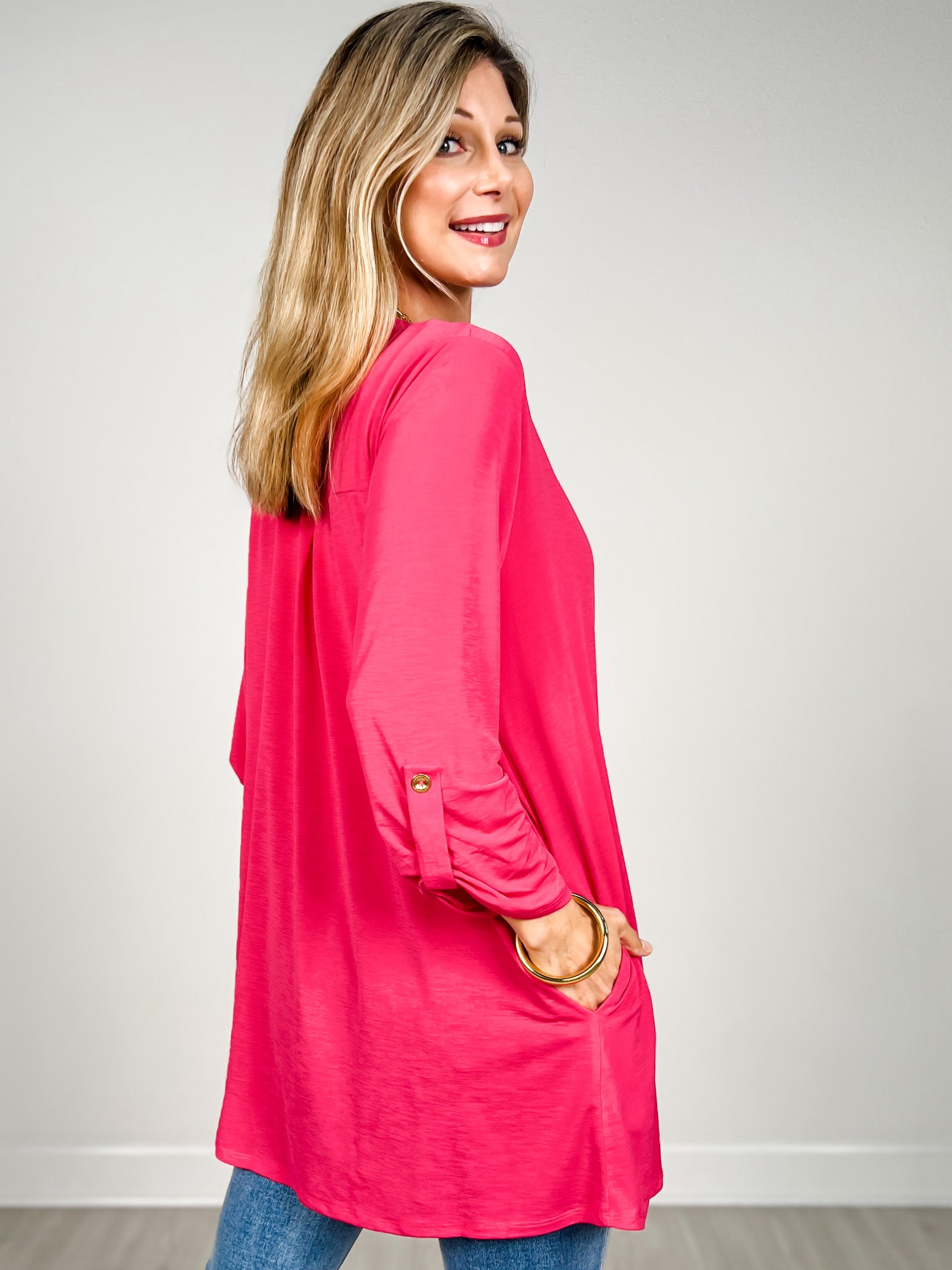 3/4 Sleeve Open Front Lightweight Cardigan in Fuchsia