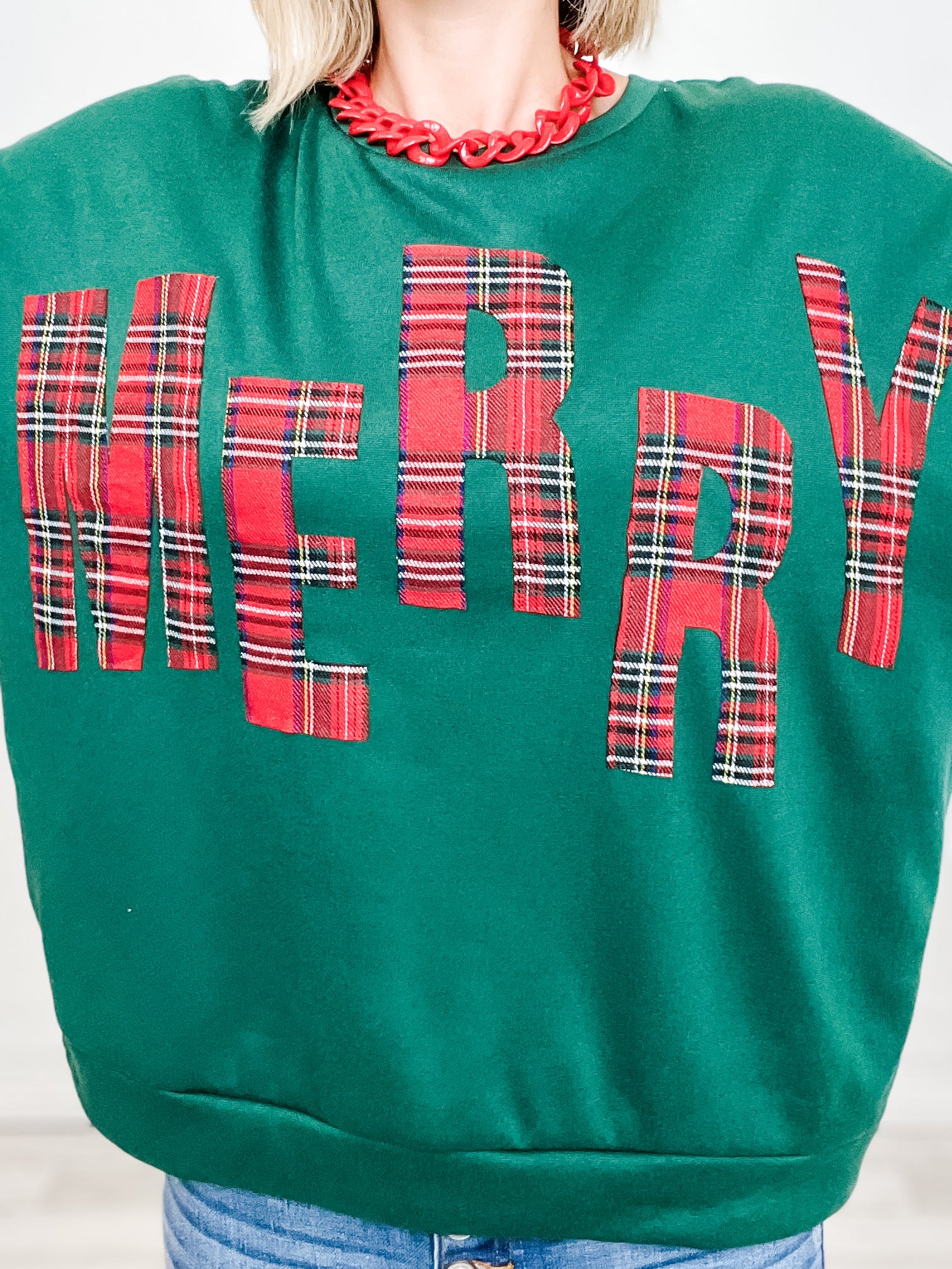 Long Sleeve Plaid Merry Lettering Fleece Top