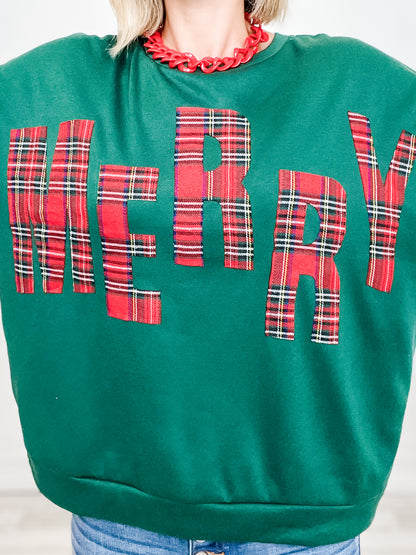 Long Sleeve Plaid Merry Lettering Fleece Top