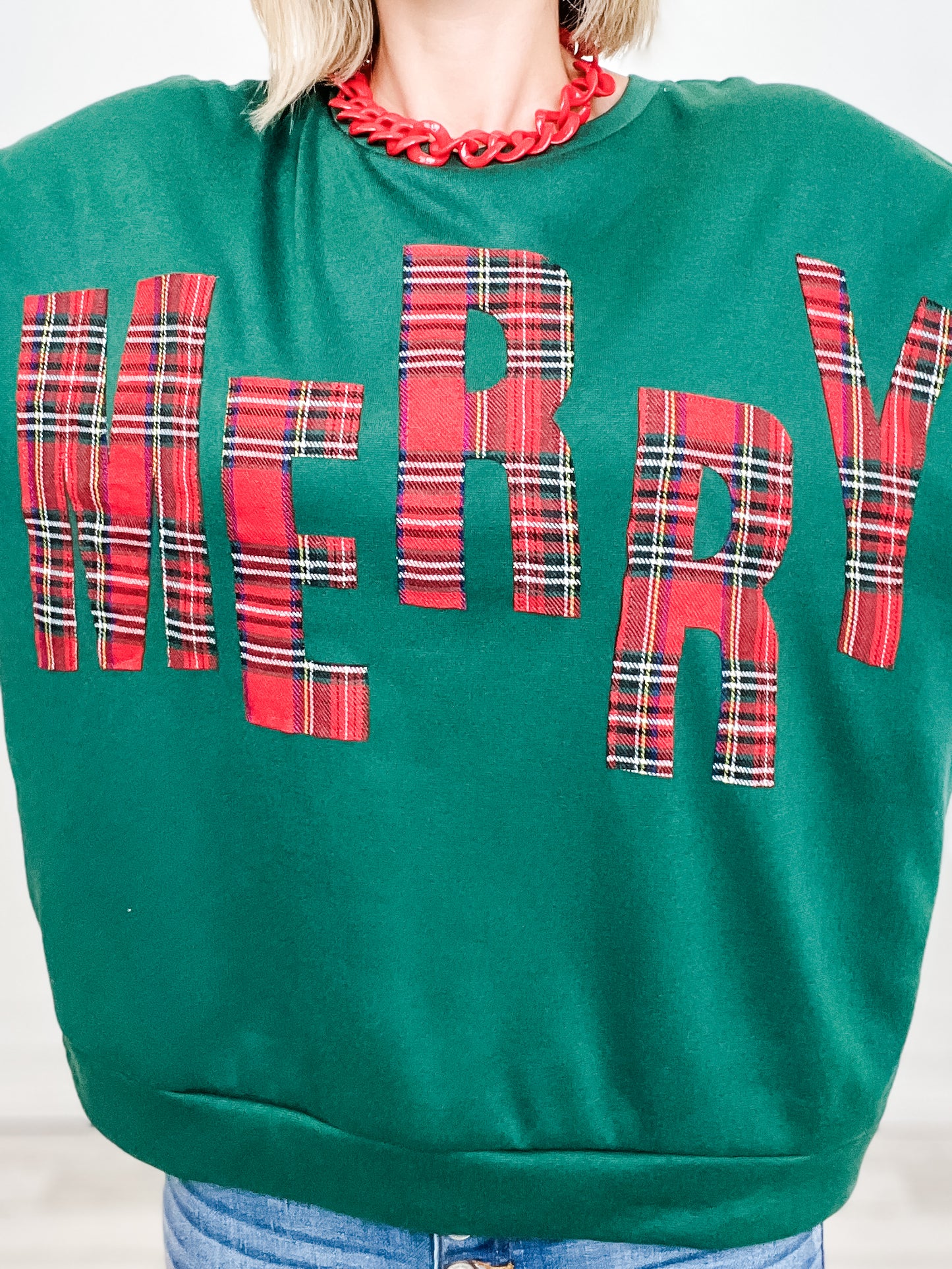 Long Sleeve Plaid Merry Lettering Fleece Top