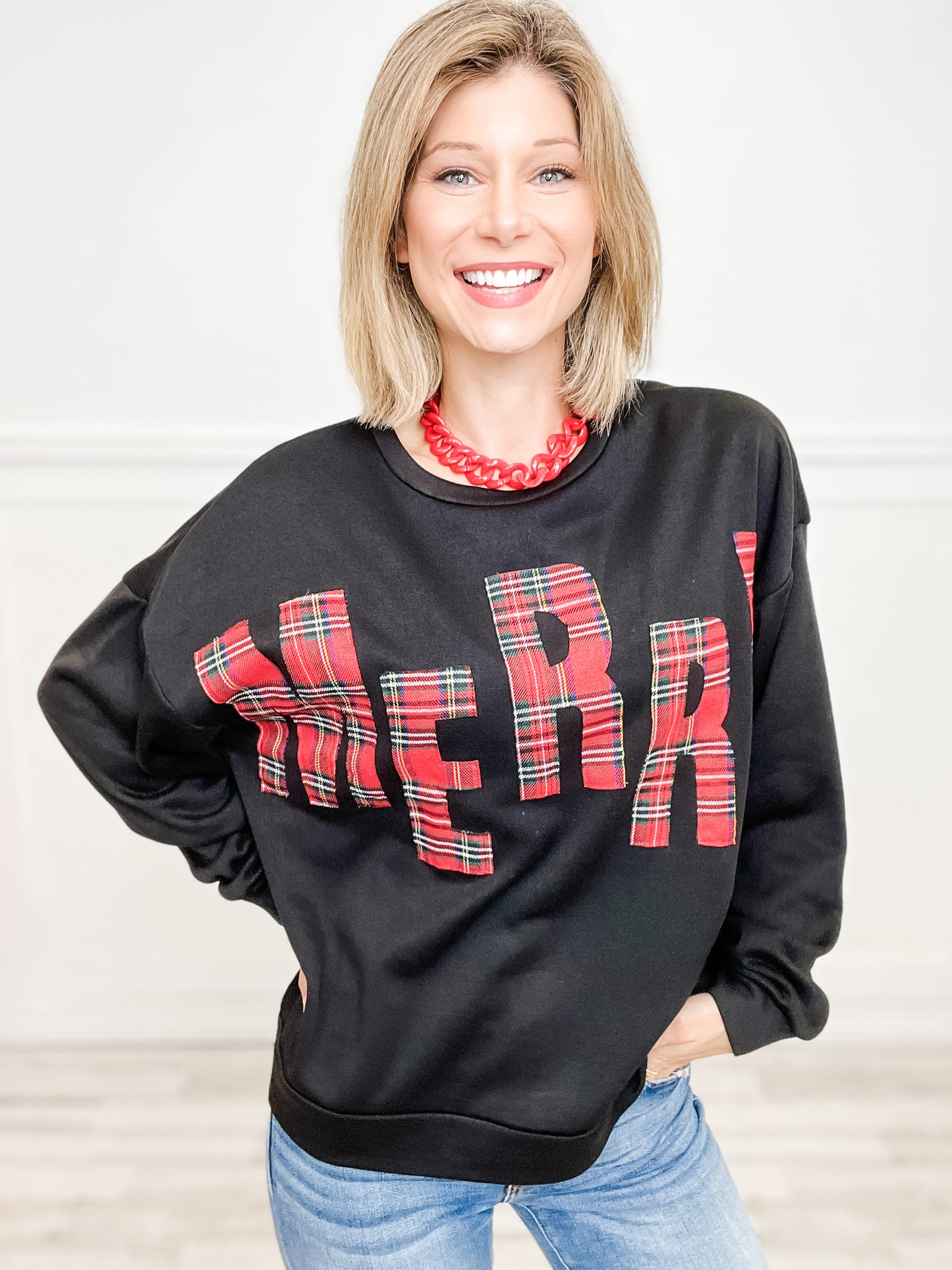 Long Sleeve Plaid Merry Lettering Fleece Top