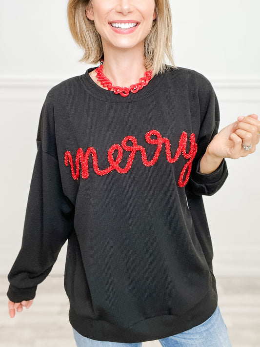 MERRY TINSEL LETTERING TWO TONE RIB PULLOVER TOP