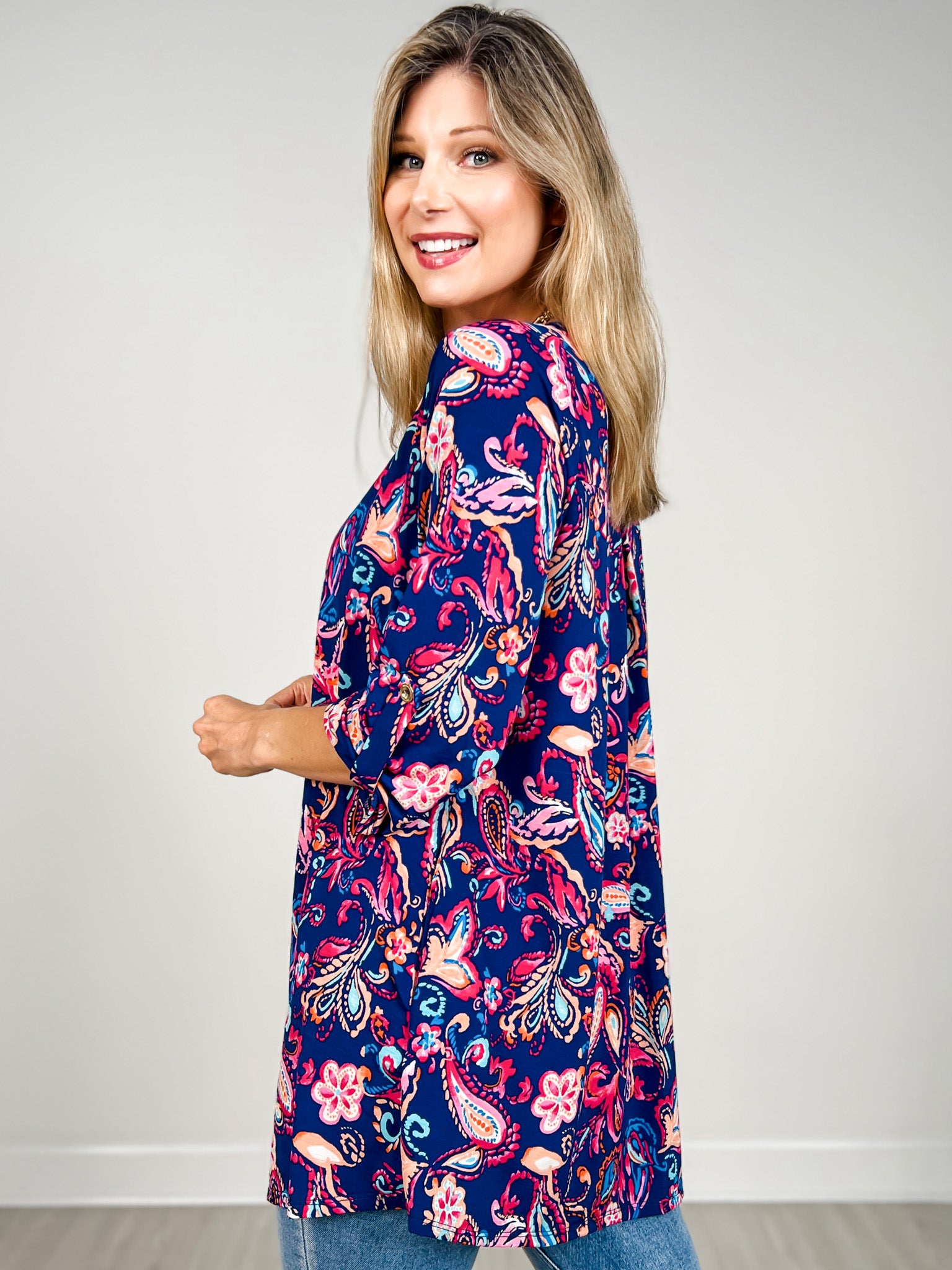 3/4 Sleeve Open Front Lightweight Cardigan in Navy Print