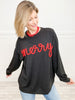 MERRY TINSEL LETTERING TWO TONE RIB PULLOVER TOP