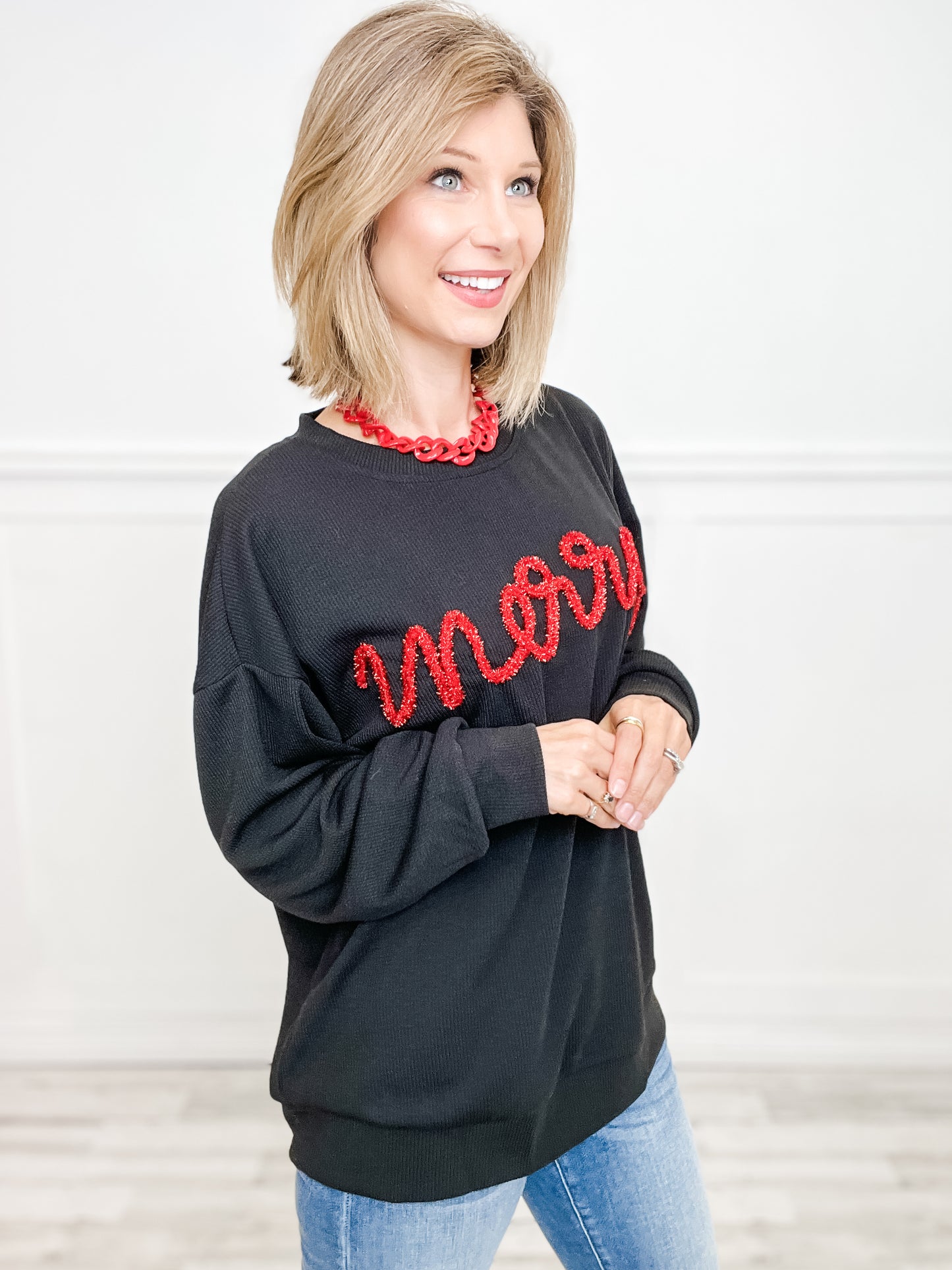 MERRY TINSEL LETTERING TWO TONE RIB PULLOVER TOP