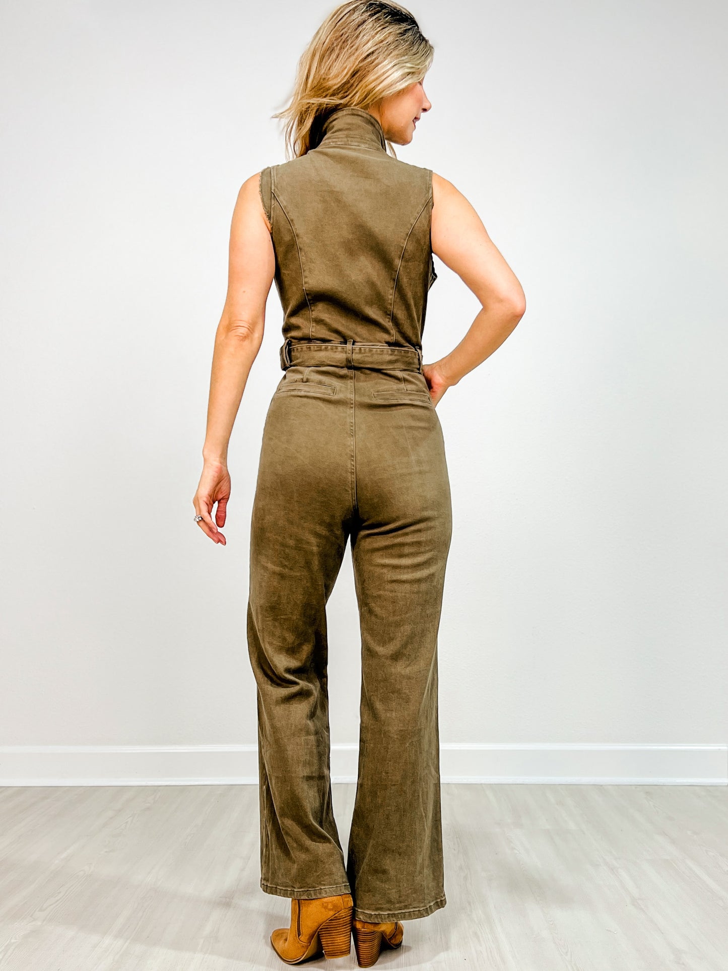 Sleeveless Stretch Twill Denim Jumpsuit