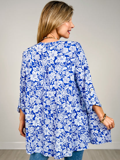 3/4 Sleeve Open Front Lightweight Cardigan in Ocean Blue Print