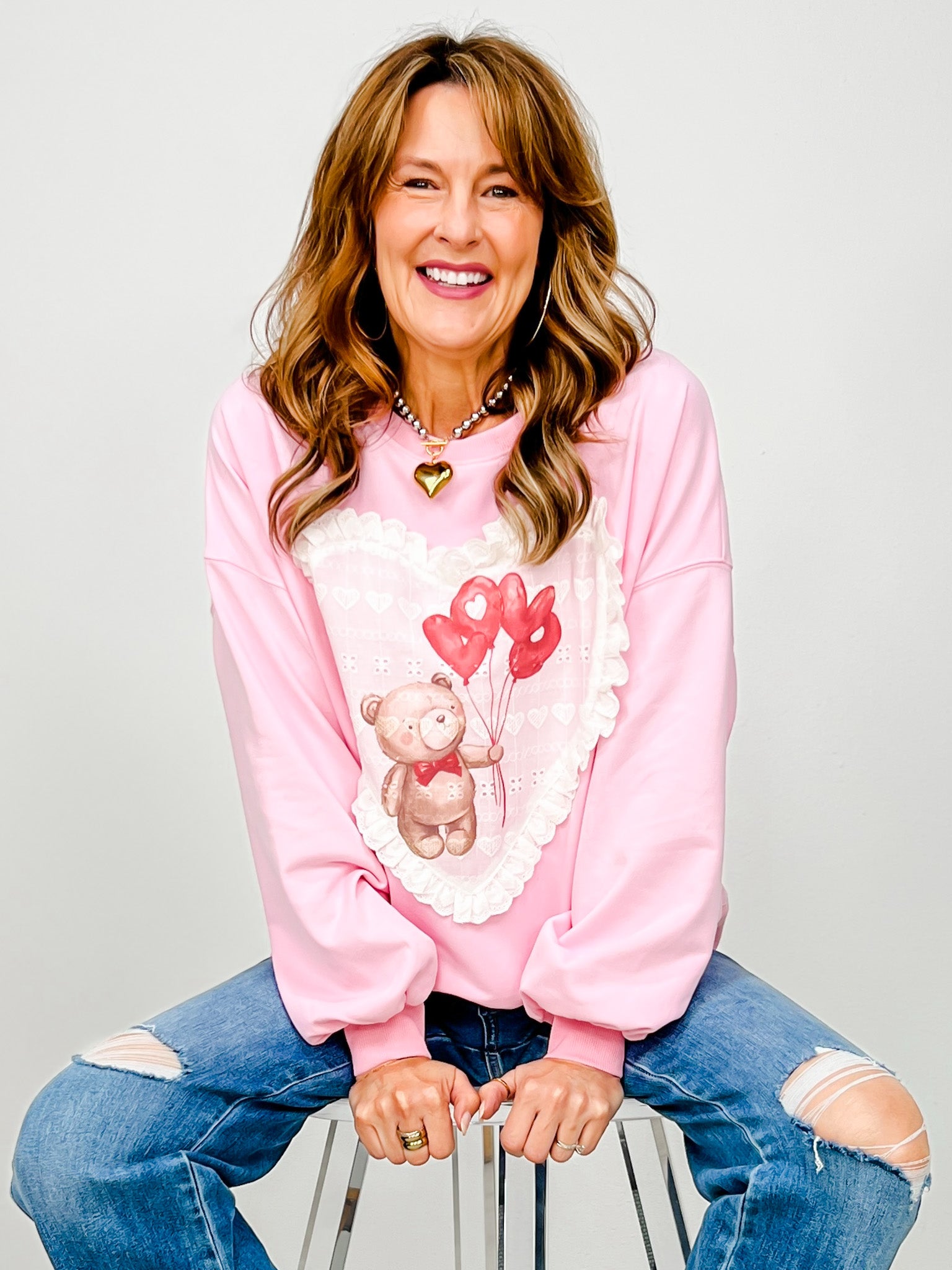 Valentine Bear Printed Eyelet Heart Shape Patch Detail Sweatshirt