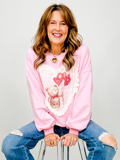 Valentine Bear Printed Eyelet Heart Shape Patch Detail Sweatshirt