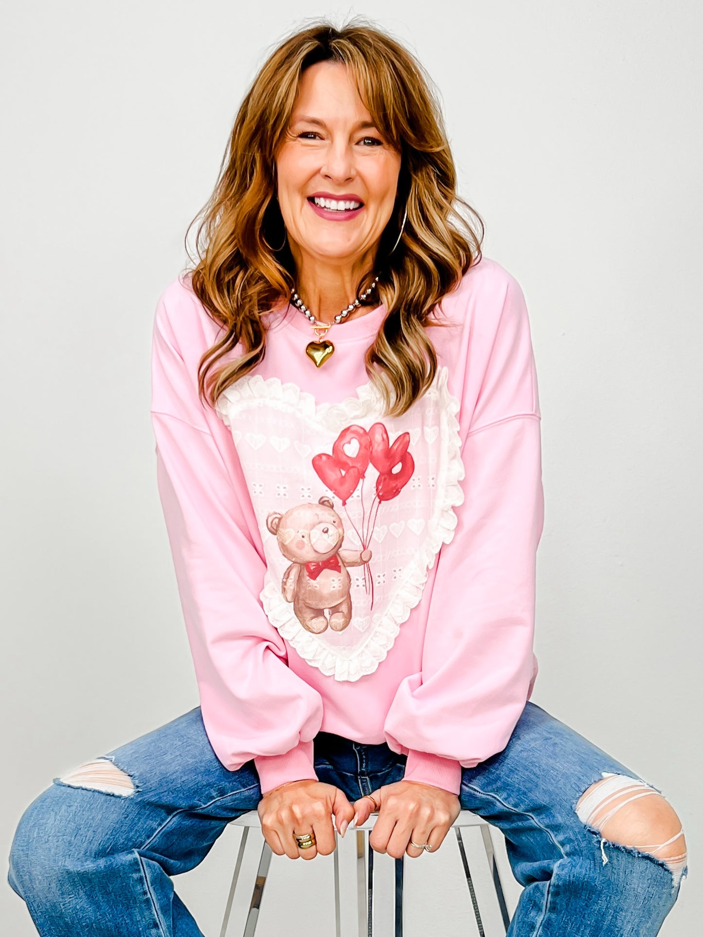 Valentine Bear Printed Eyelet Heart Shape Patch Detail Sweatshirt